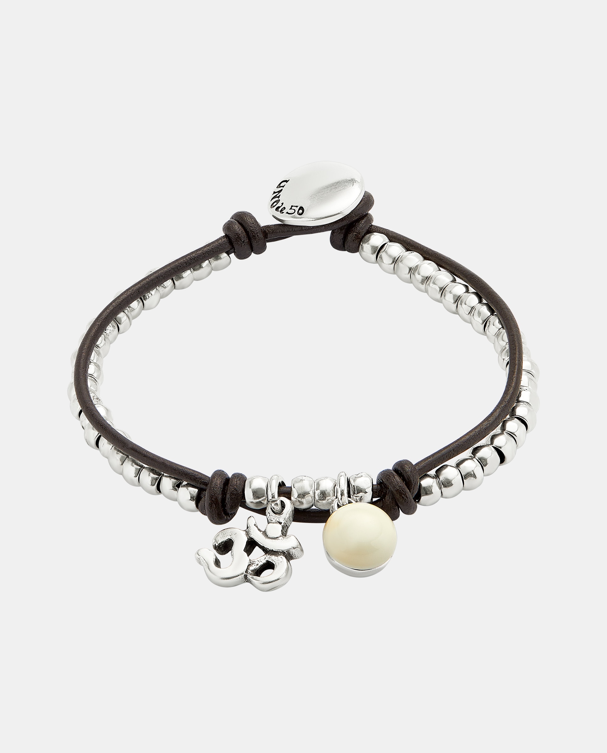Pulseira Banhada em Prata de Lei com Couro e Cristal de Murano Marfim Prata-1