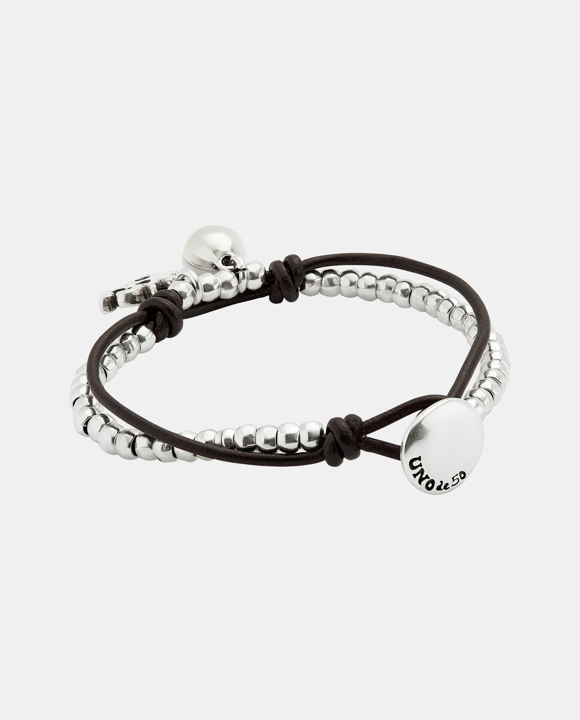 Pulseira Banhada em Prata de Lei com Couro e Cristal de Murano Marfim Prata-3