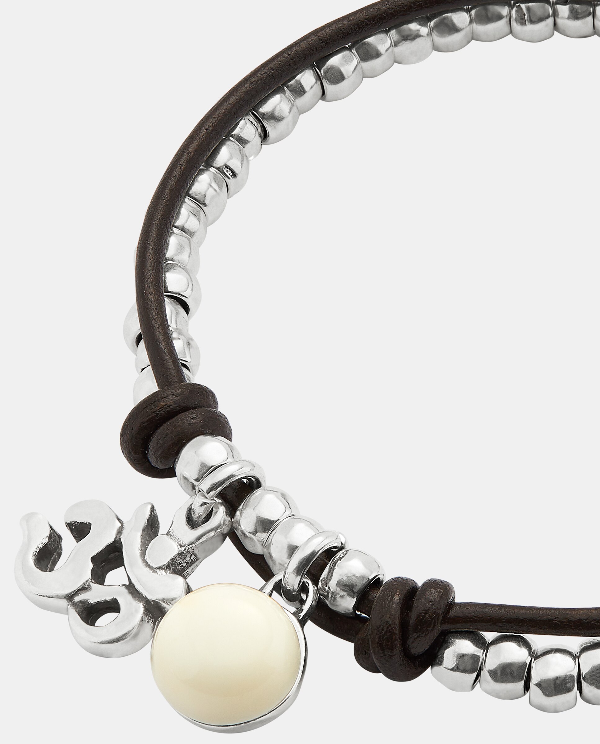 Pulseira Banhada em Prata de Lei com Couro e Cristal de Murano Marfim Prata-4