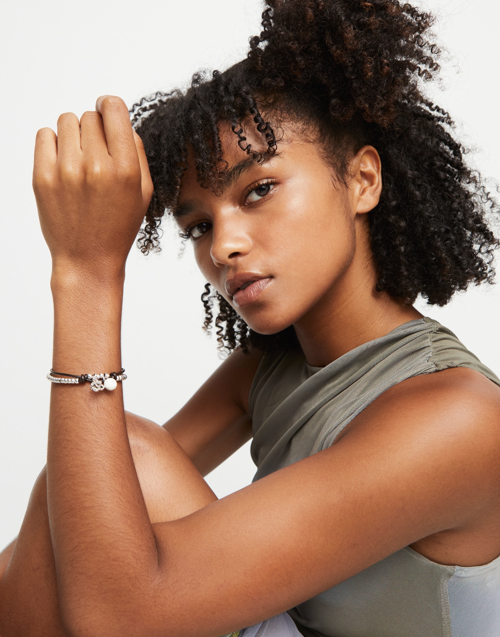 Pulseira Banhada em Prata de Lei com Couro e Cristal de Murano Marfim Prata-6