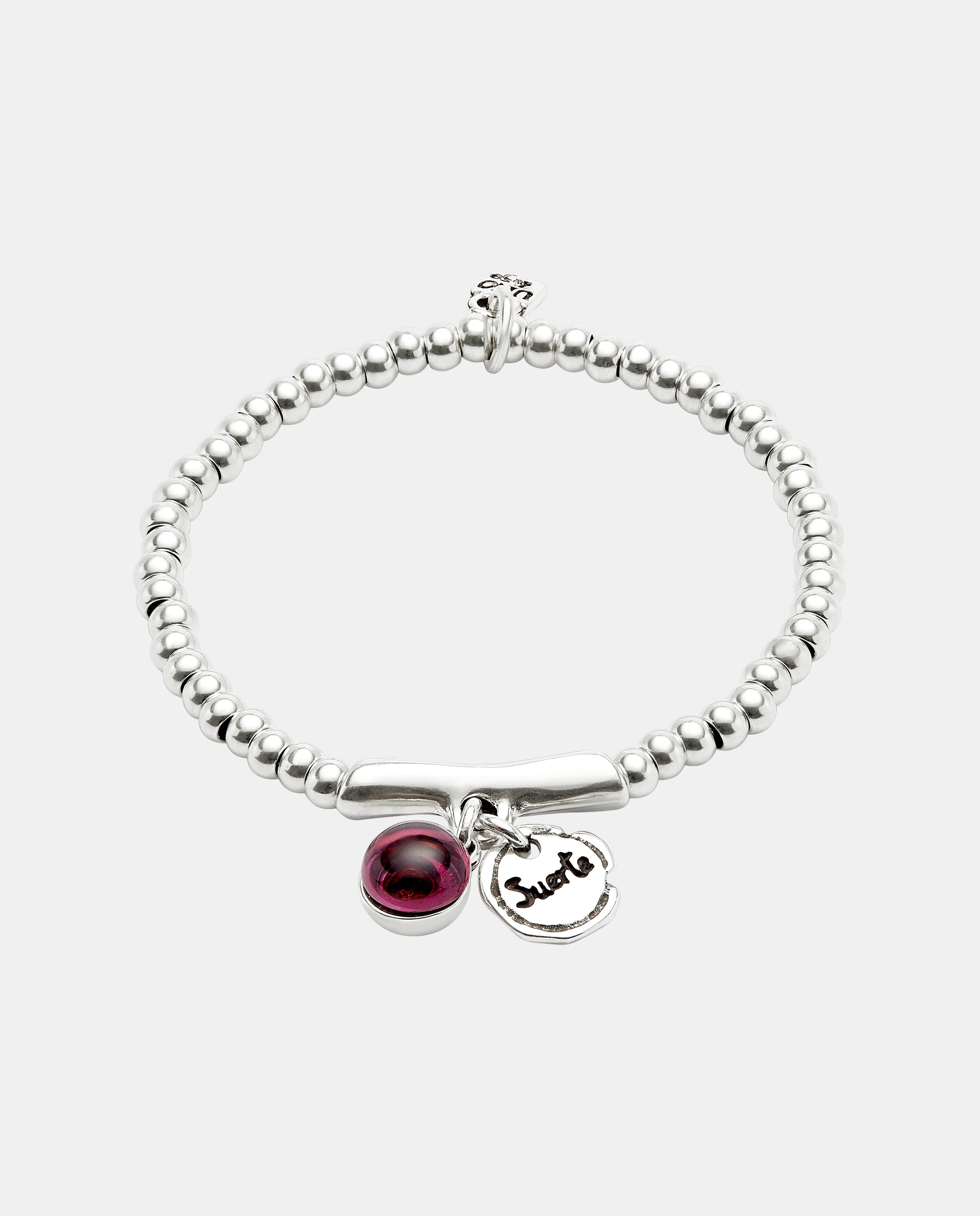 Pulseira Banhada em Prata de Lei, Cristal de Murano e Palavra Suerte Prata-1