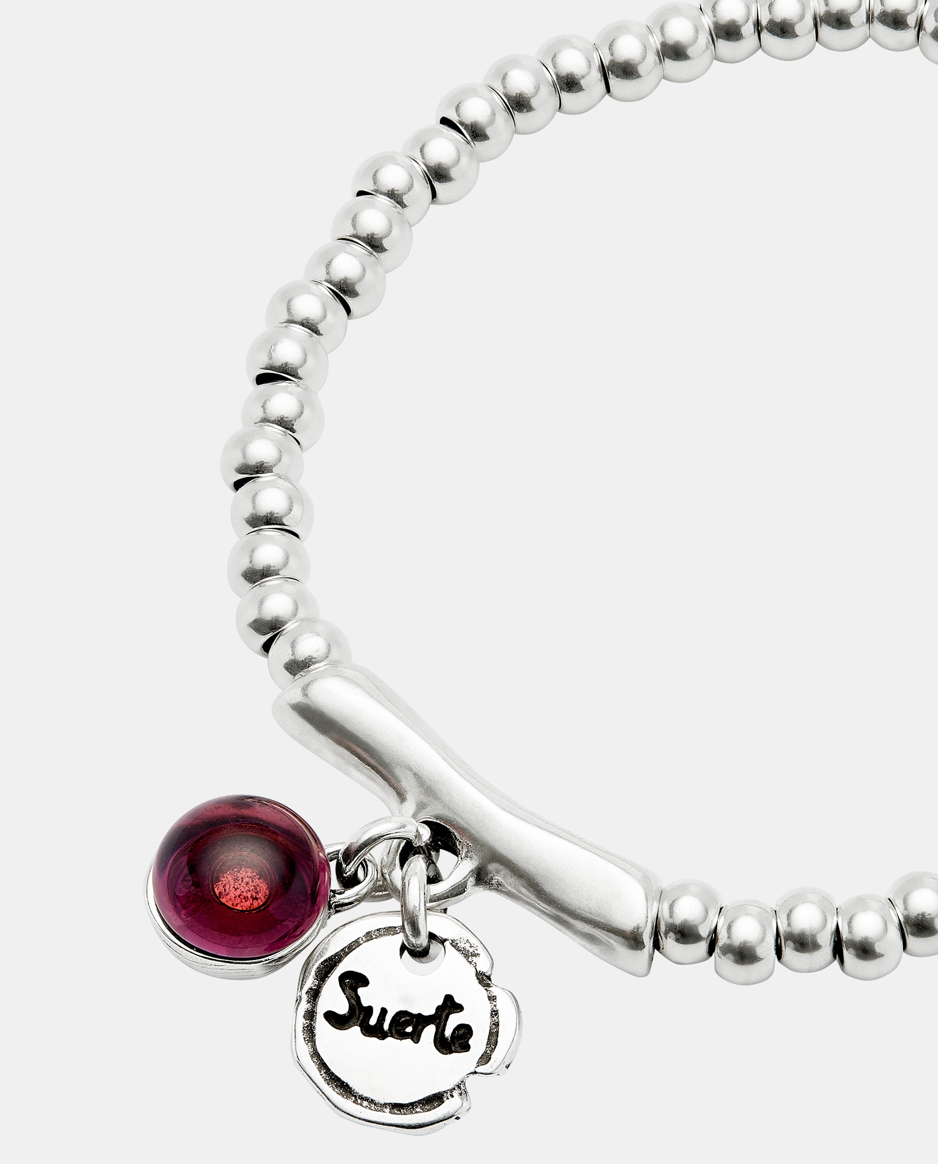 Pulseira Banhada em Prata de Lei, Cristal de Murano e Palavra Suerte Prata-4