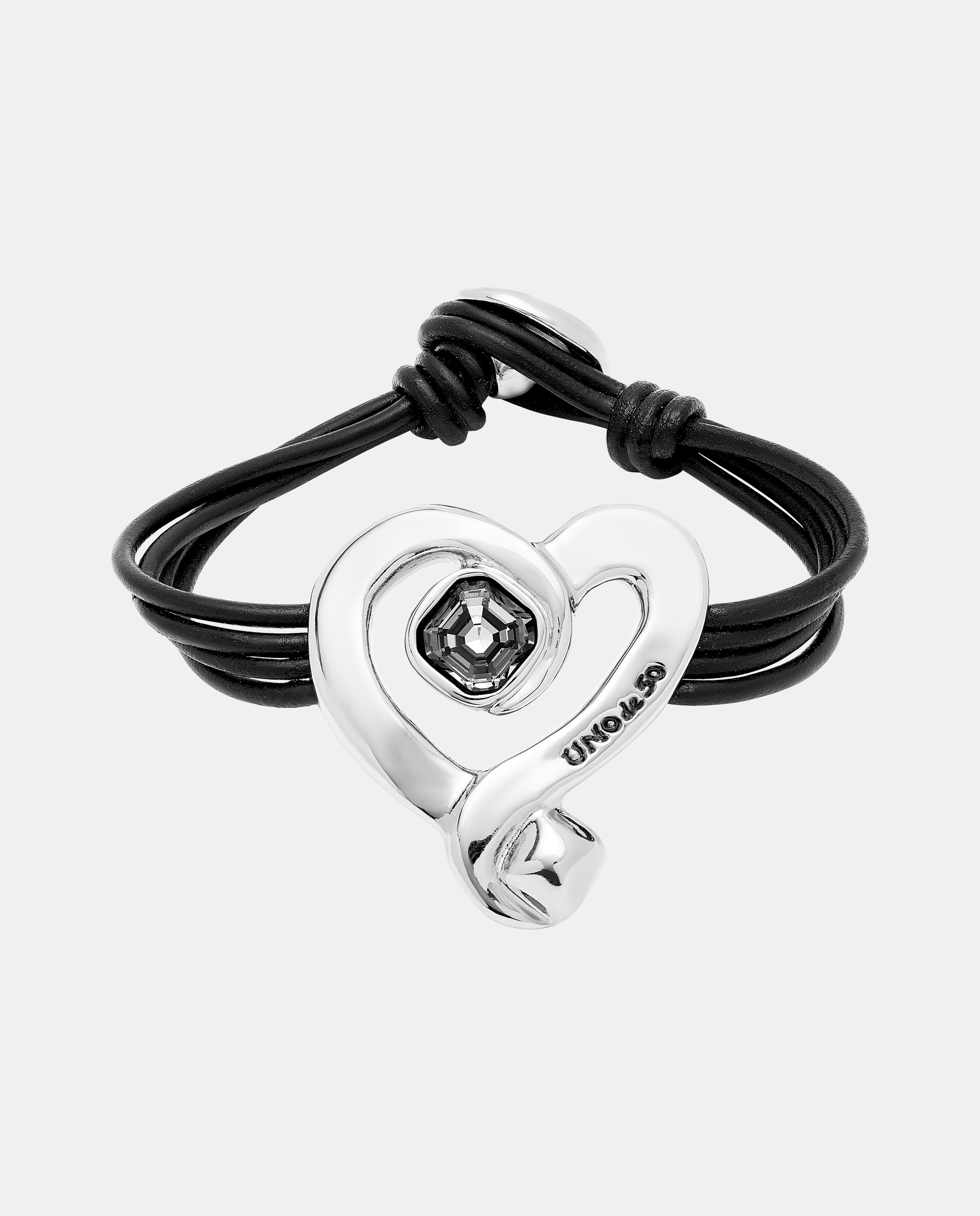 Pulseira de Couro com Coração Banhado em Prata de Lei com Cristal Prata-1