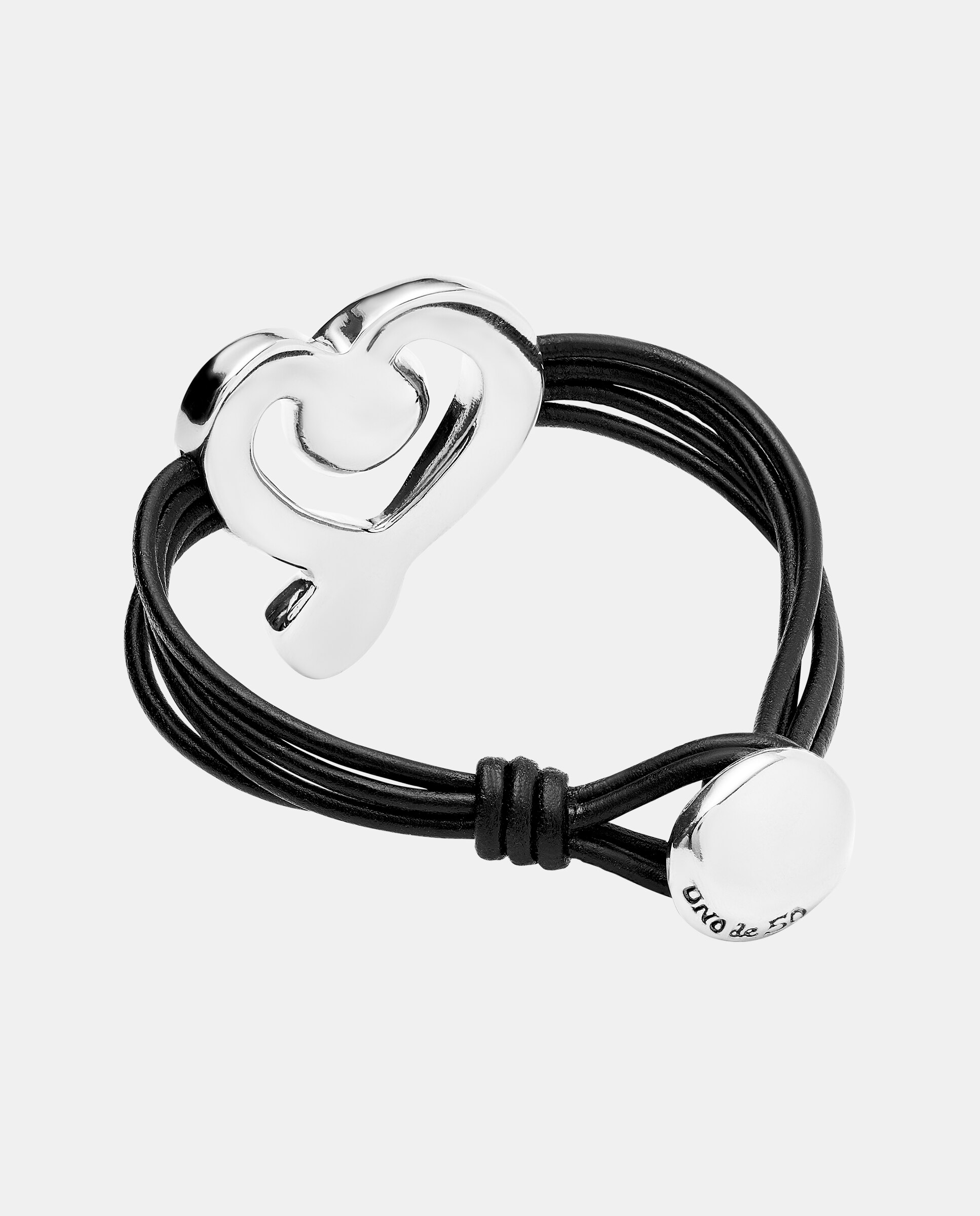 Pulseira de Couro com Coração Banhado em Prata de Lei com Cristal Prata-3