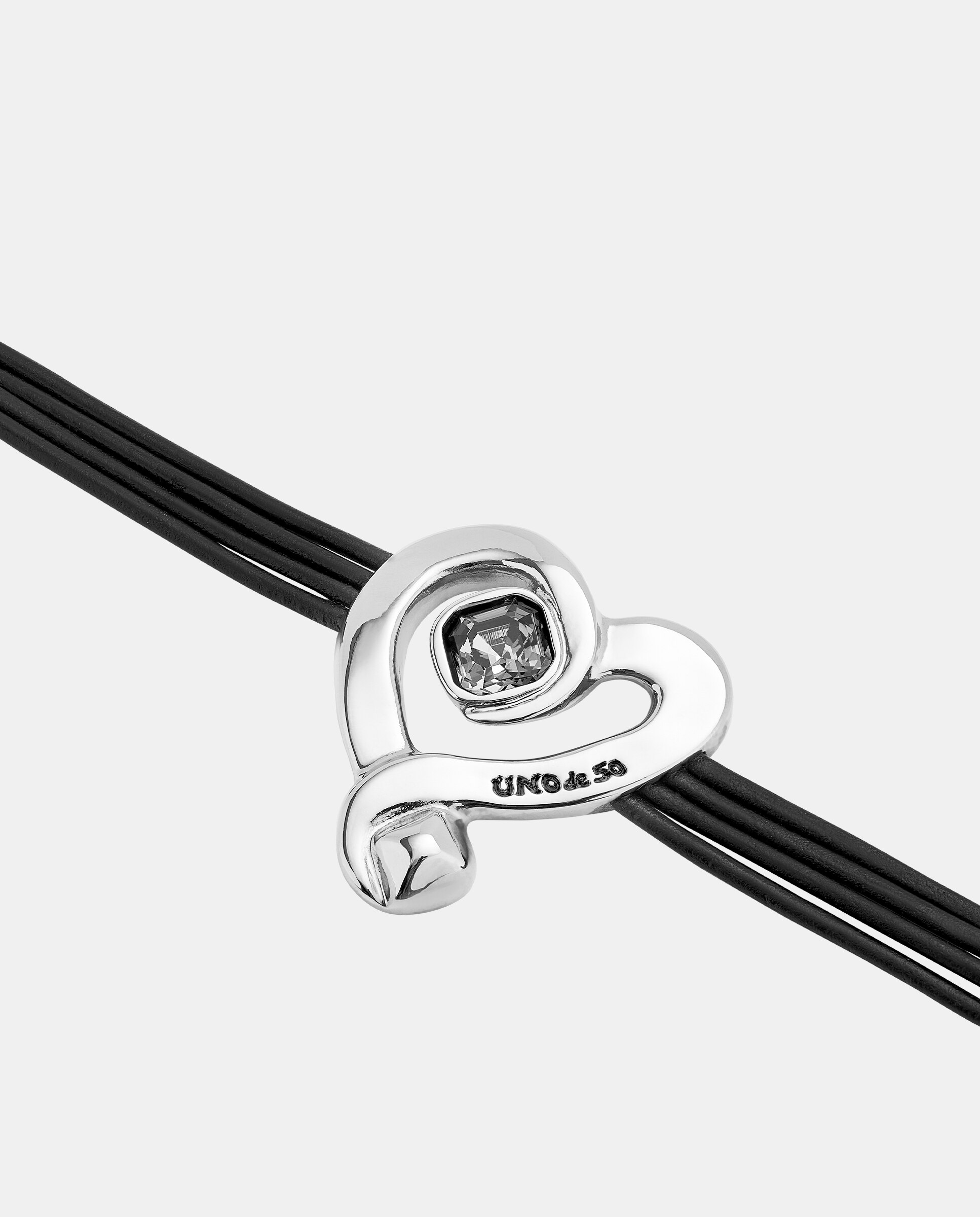 Pulseira de Couro com Coração Banhado em Prata de Lei com Cristal Prata-4
