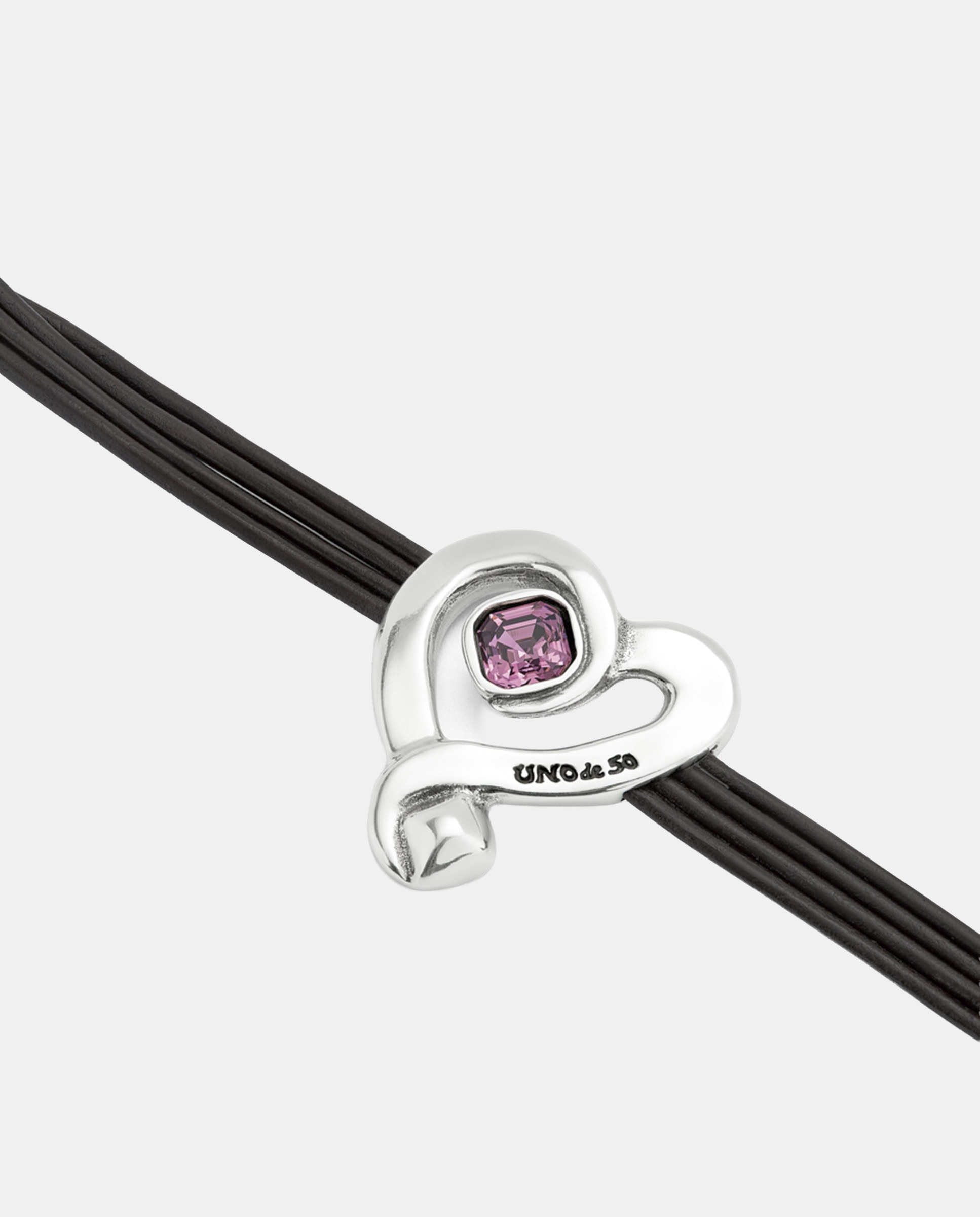 Pulseira de Couro com Coração em Liga de Metais Banhado em Prata de Lei com Cristal Branco-3