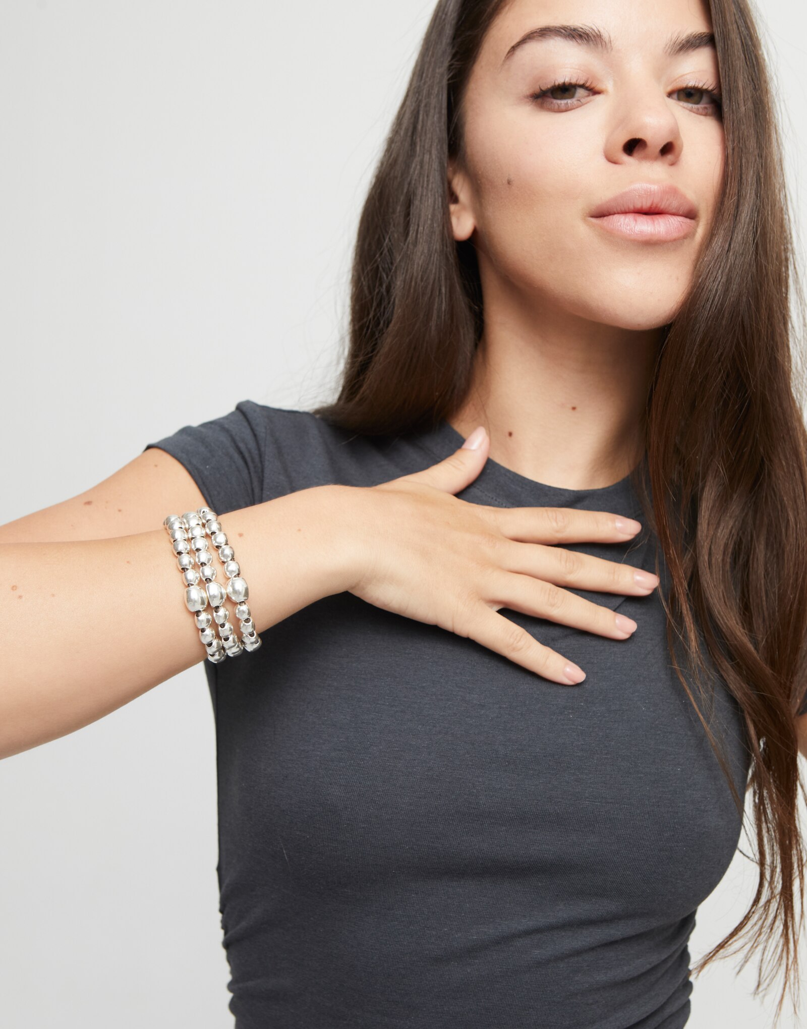 Pulseira de Três Tiras de Contas Banhada em Prata de Lei Prata-5