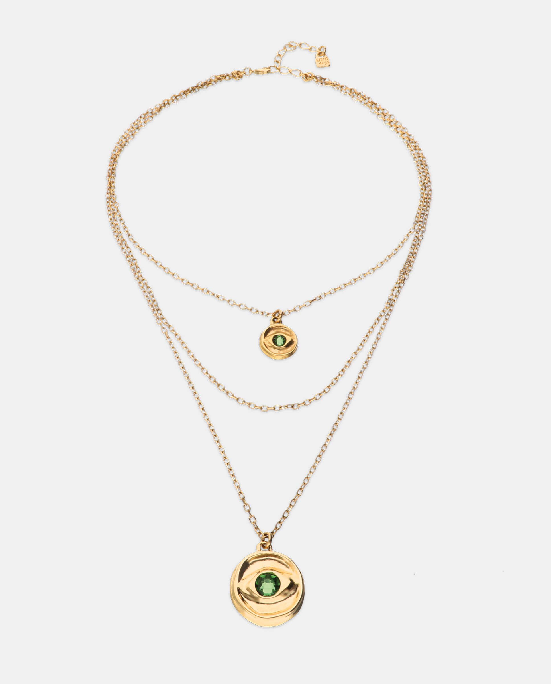 Colar Triplo Banhado a Ouro 18k com 2 Charms de Olho e Cristal Facetado Ouro-3