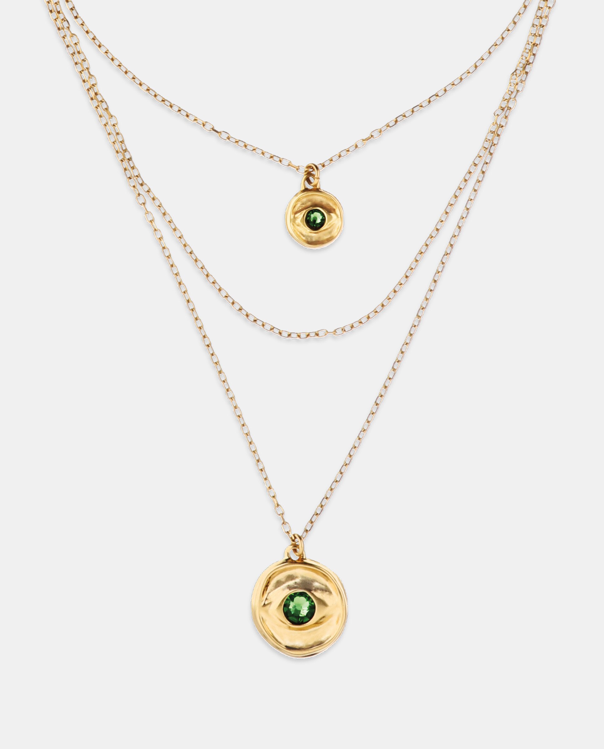 Colar Triplo Banhado a Ouro 18k com 2 Charms de Olho e Cristal Facetado Ouro-4
