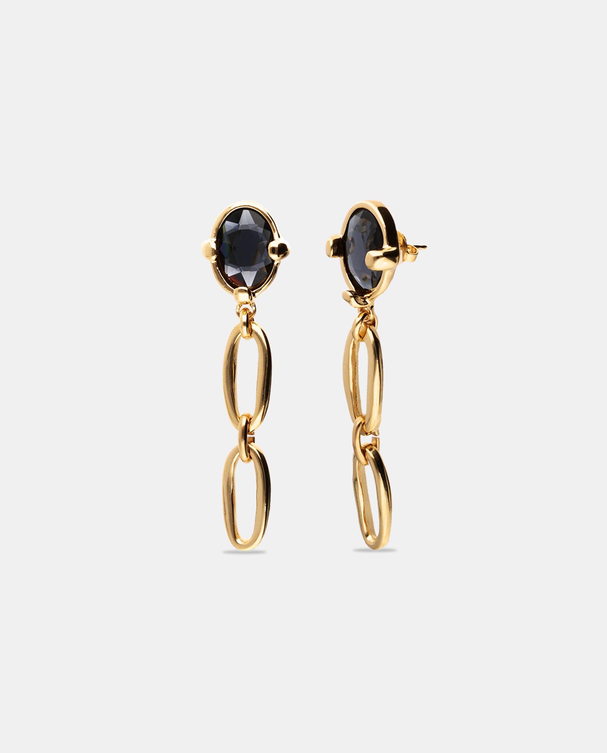 Brincos Compridos Banhados a Ouro 18k com Cristal Facetado em Preto Ouro-1