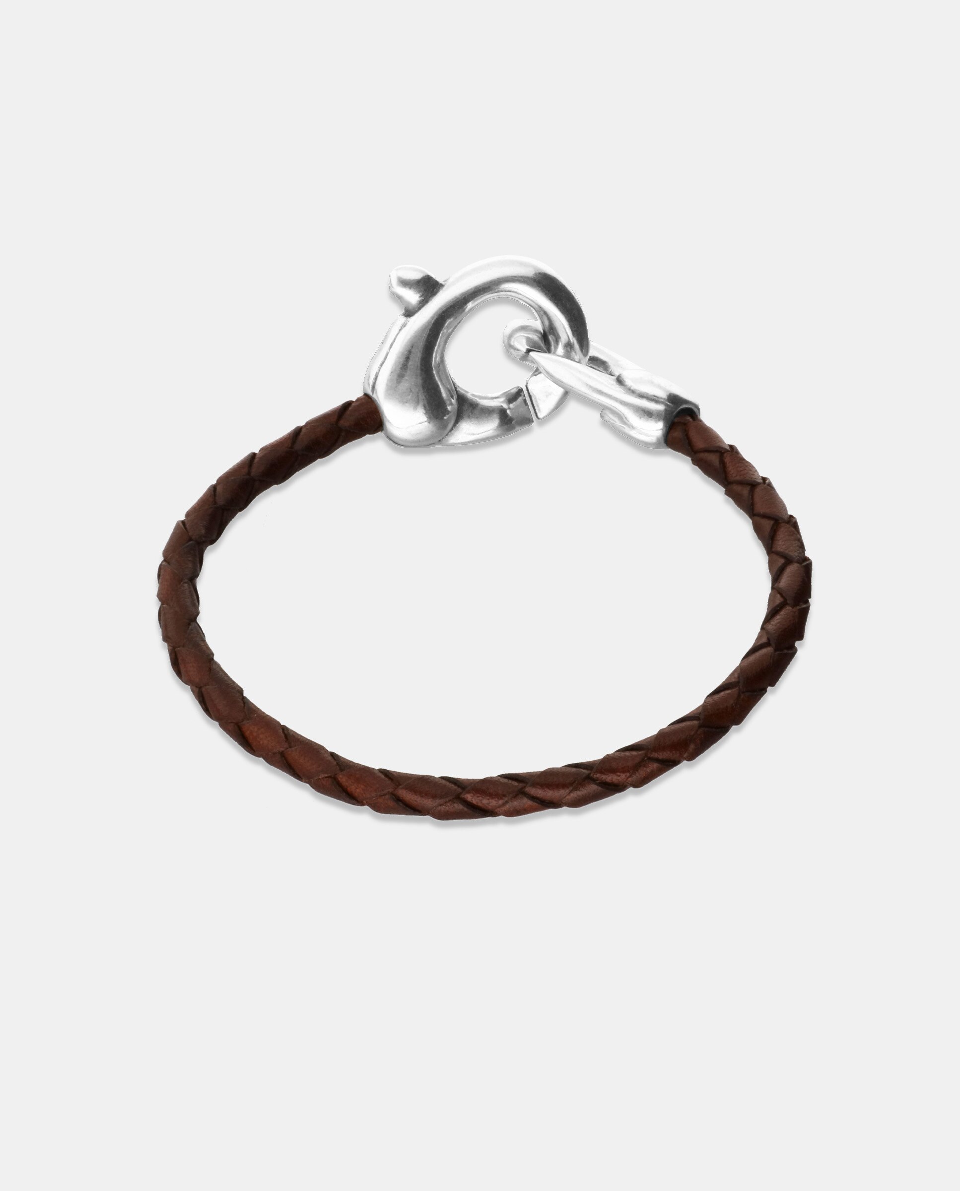Pulseira de Couro com Detalhe de Mosquetão Entrelaçado Prata-3