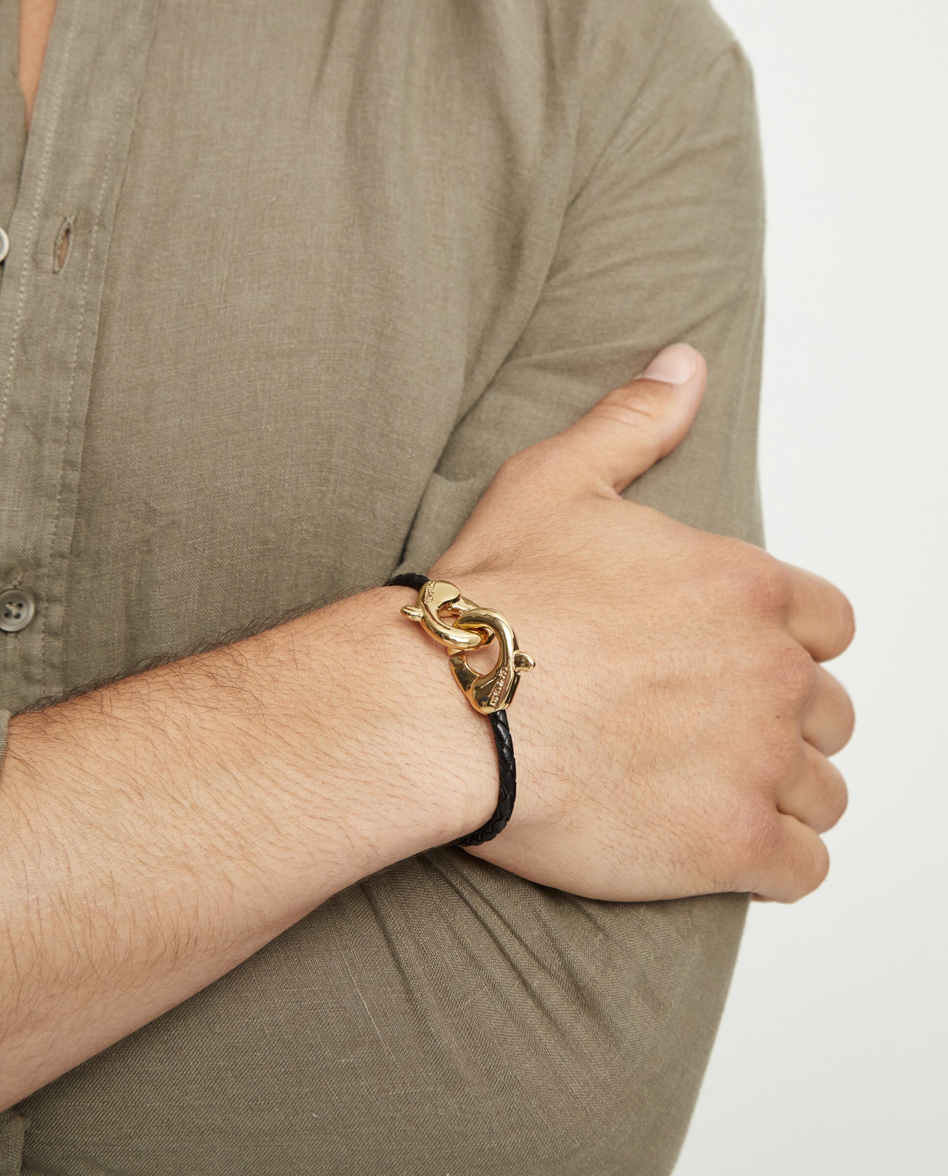 Pulseira de Couro e Detalhe de Mosquetão Entrançado Banhado a Ouro 18k Ouro-5