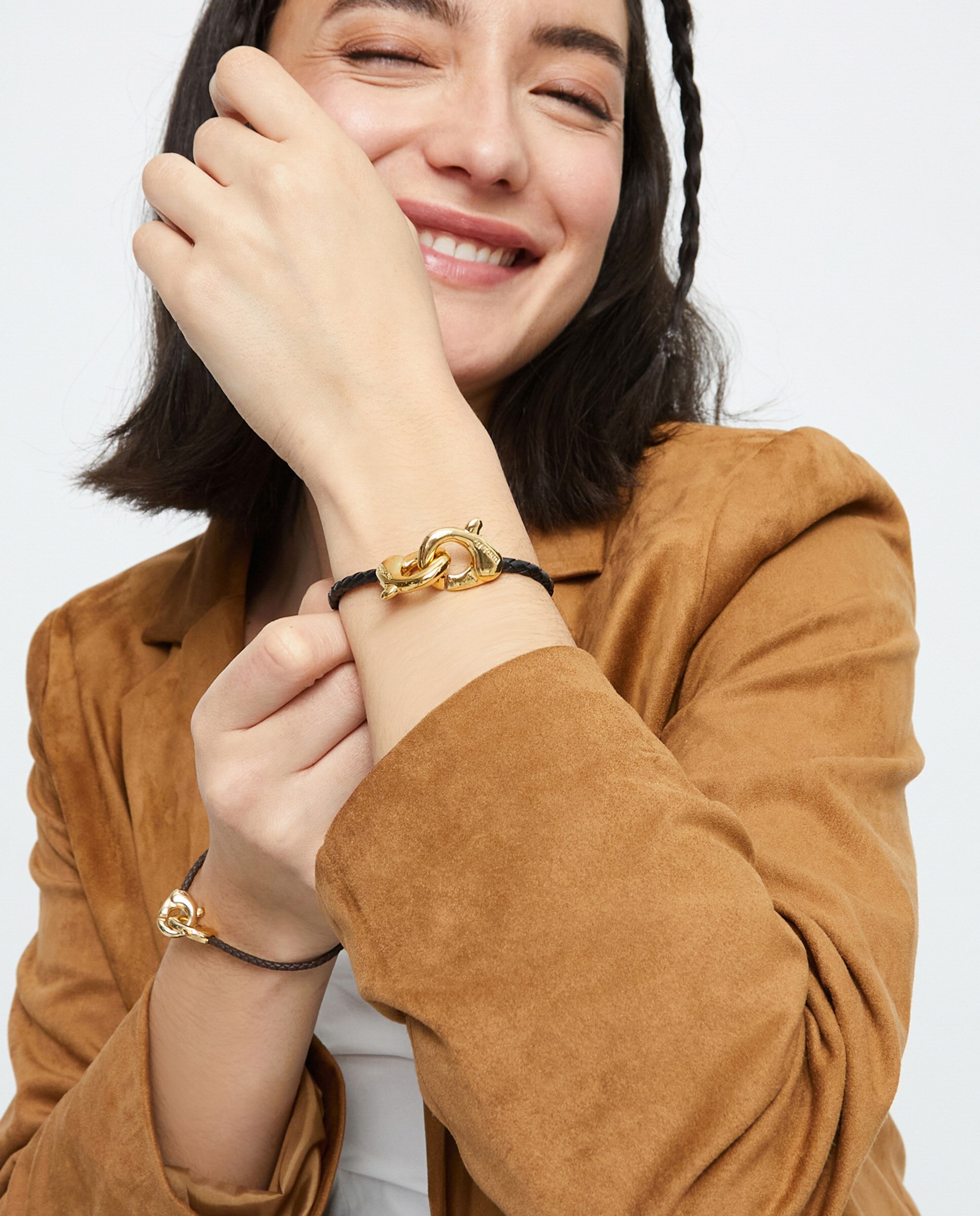 Pulseira de Couro e Detalhe de Mosquetão Entrançado Banhado a Ouro 18k Ouro-6
