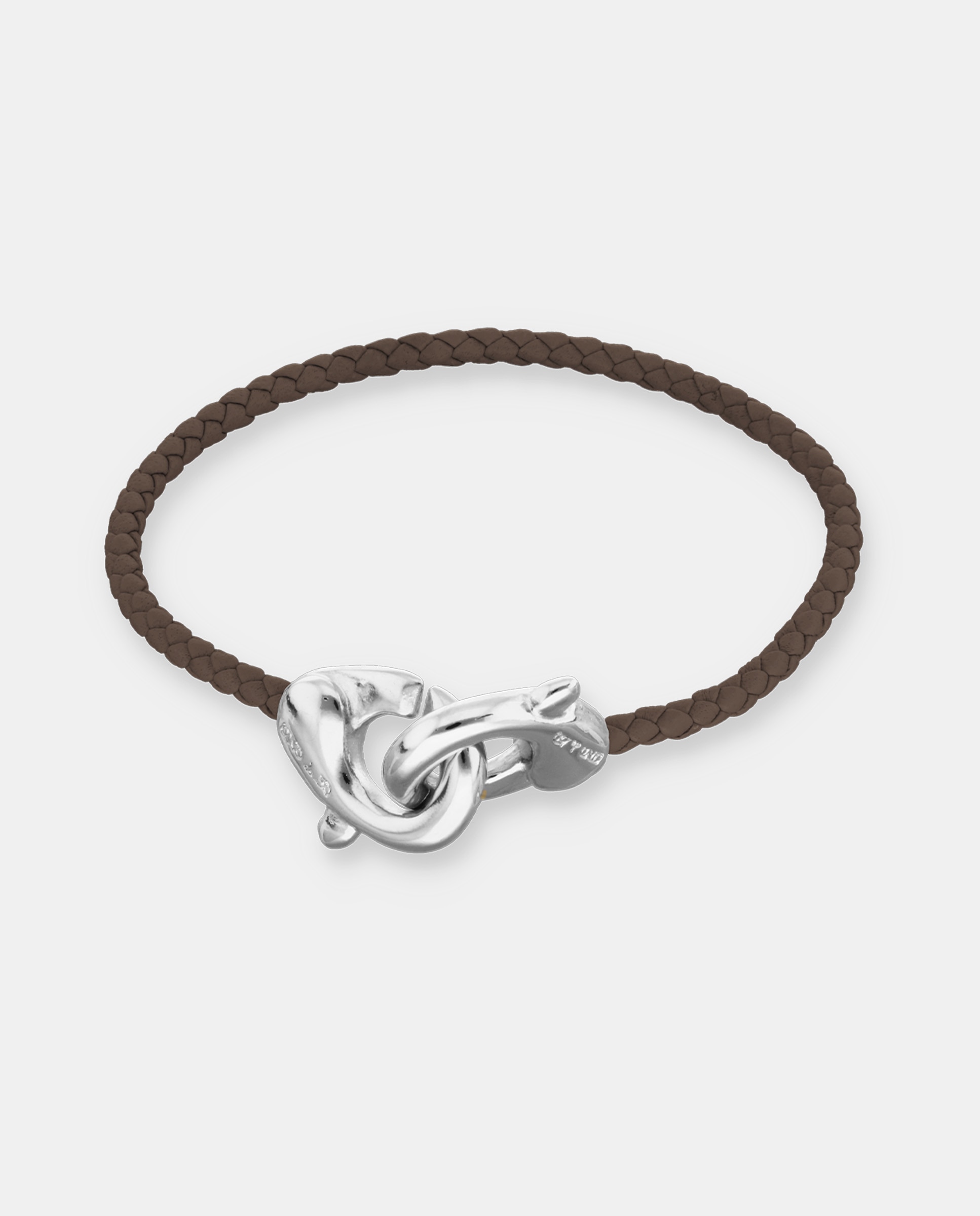 Pulseira de Couro com Detalhe de Mosquetão Entrançado Banhado em Prata de Lei Prata-1