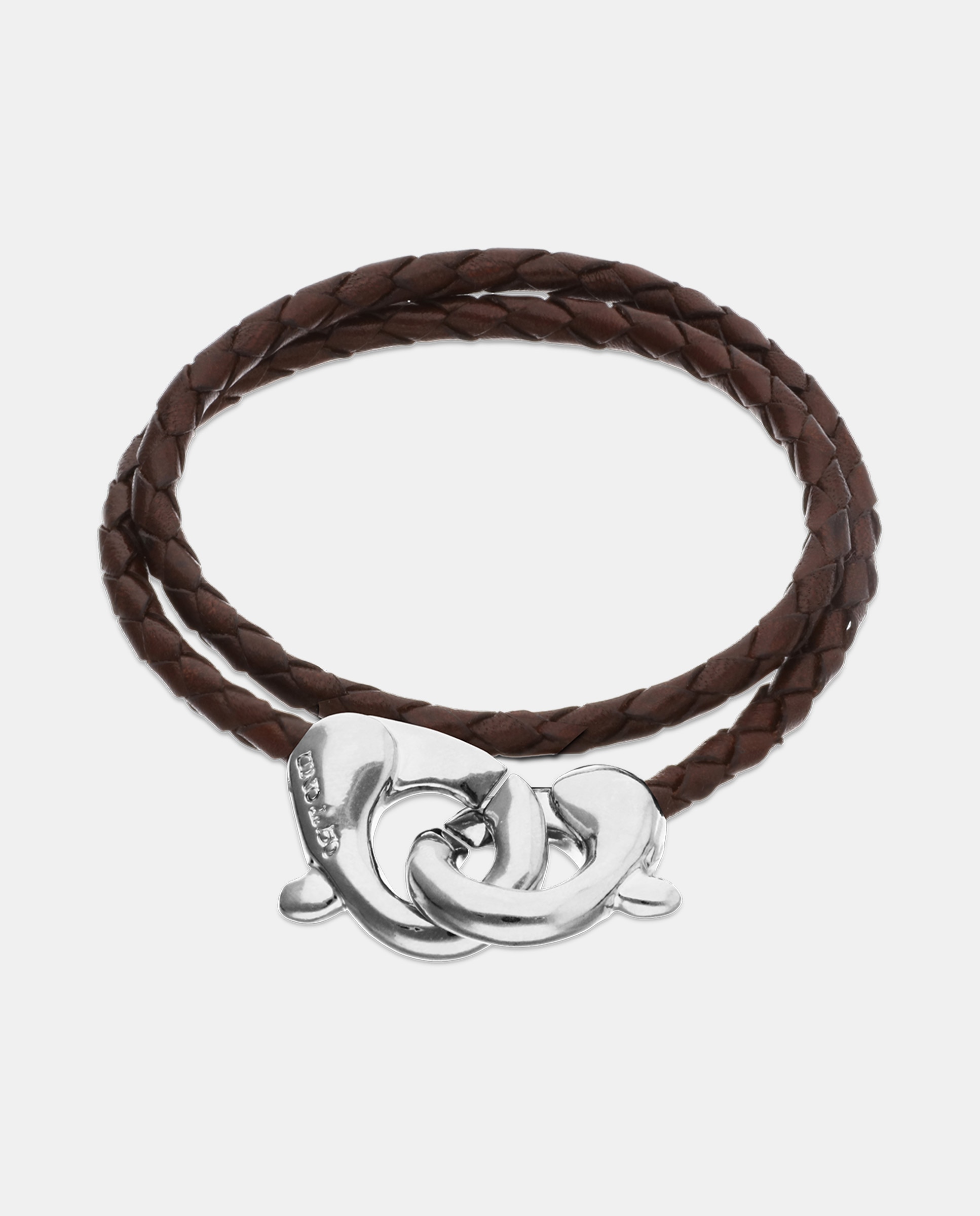 Pulseira de Couro Duplo com Detalhe de Mosquetão Entrançado Banhado a Prata de Lei Prata-1