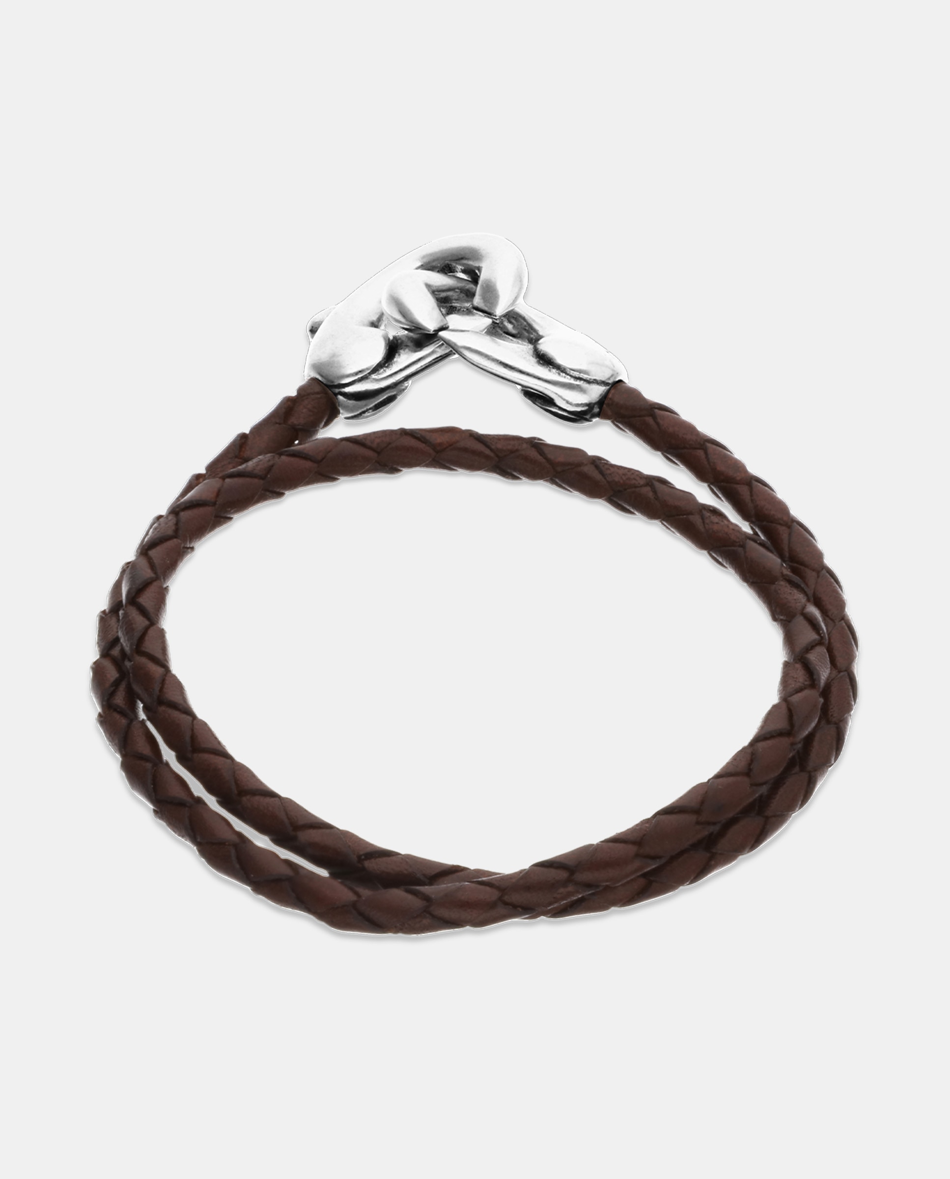 Pulseira de Couro Duplo com Detalhe de Mosquetão Entrançado Banhado a Prata de Lei Prata-3