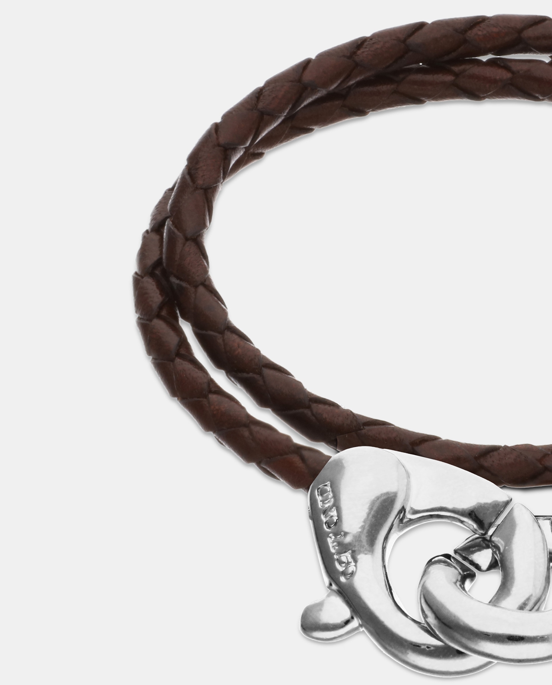Pulseira de Couro Duplo com Detalhe de Mosquetão Entrançado Banhado a Prata de Lei Prata-4