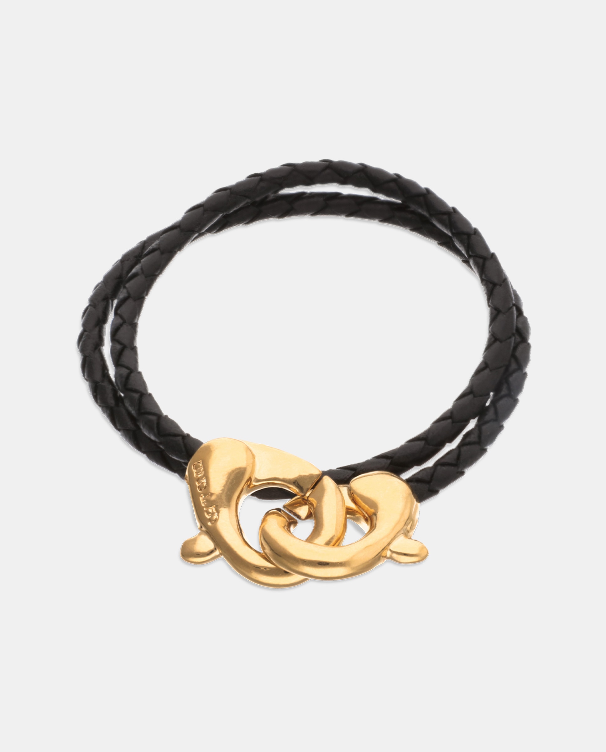 Pulseira de Couro Duplo com Detalhe de Mosquetão Entrançado Banhado a Ouro 18k Ouro-1