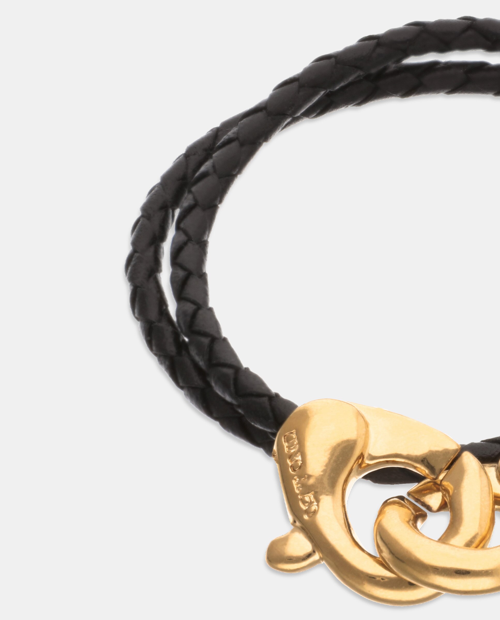 Pulseira de Couro Duplo com Detalhe de Mosquetão Entrançado Banhado a Ouro 18k Ouro-4