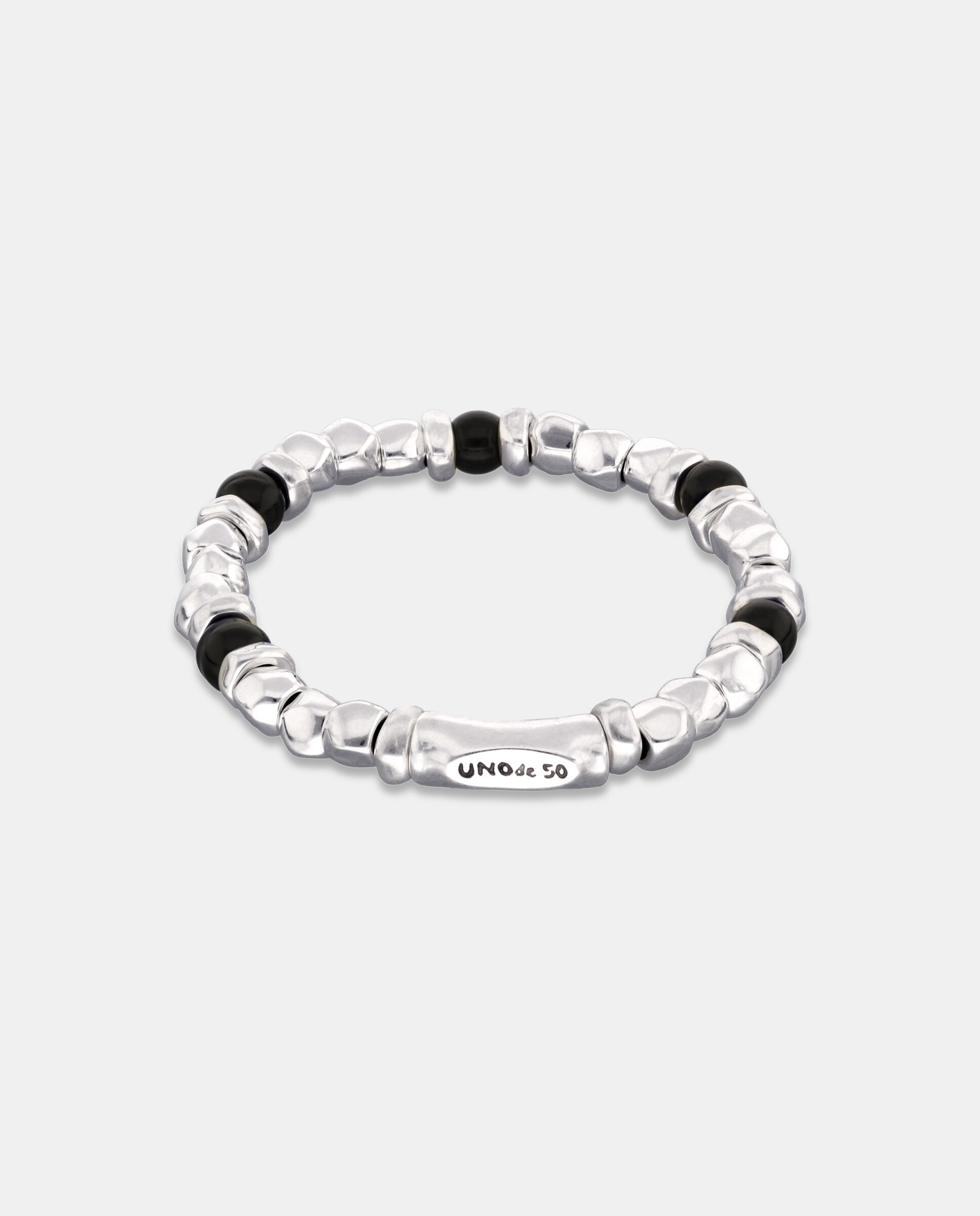 Pulseira Elástica de Contas Banhada em Prata de Lei e Cristal de Murano em Preto Prata-3