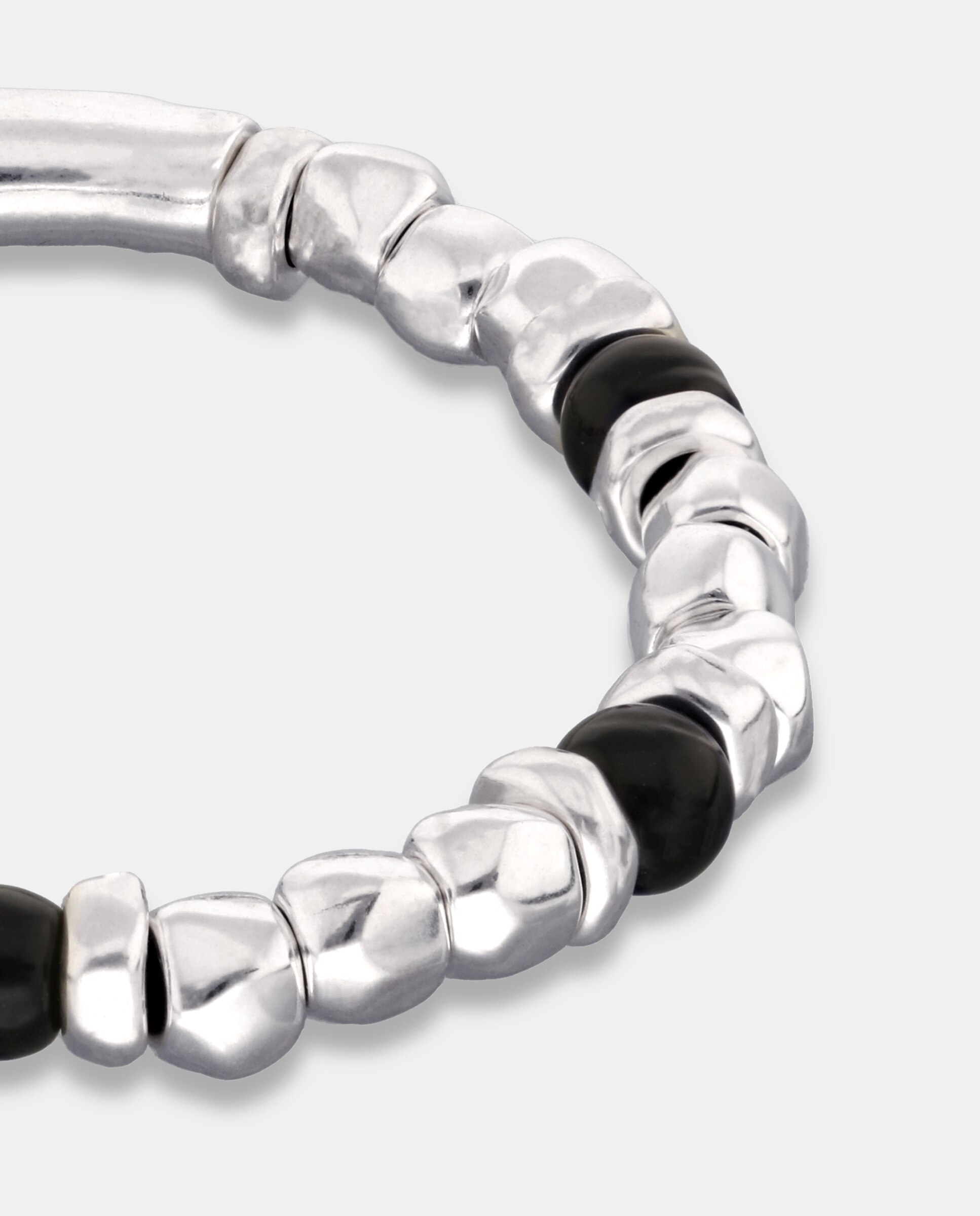 Pulseira Elástica de Contas Banhada em Prata de Lei e Cristal de Murano em Preto Prata-4