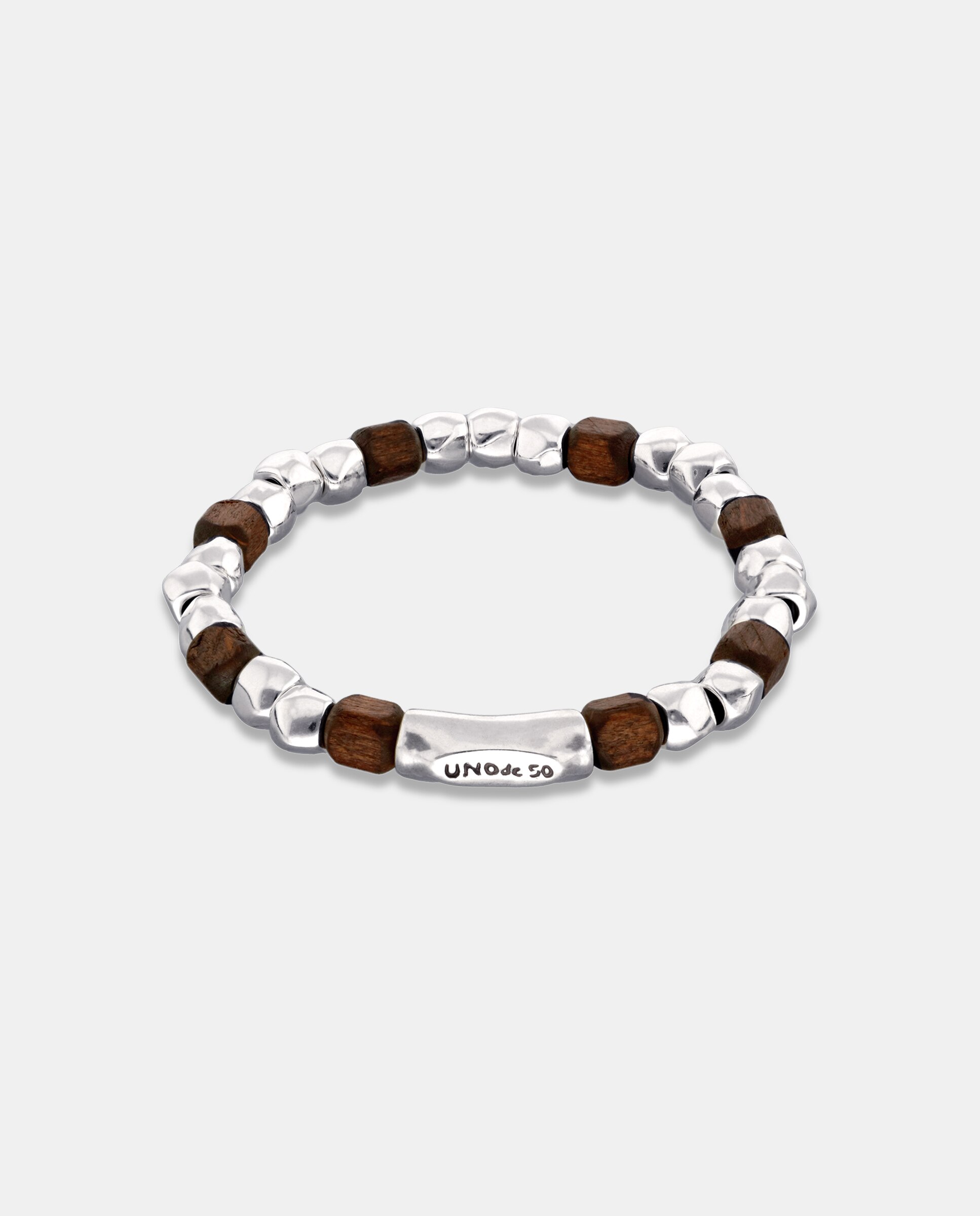 Pulseira Elástica de Contas Banhada em Prata de Lei e Contas em Madeira Prata-3