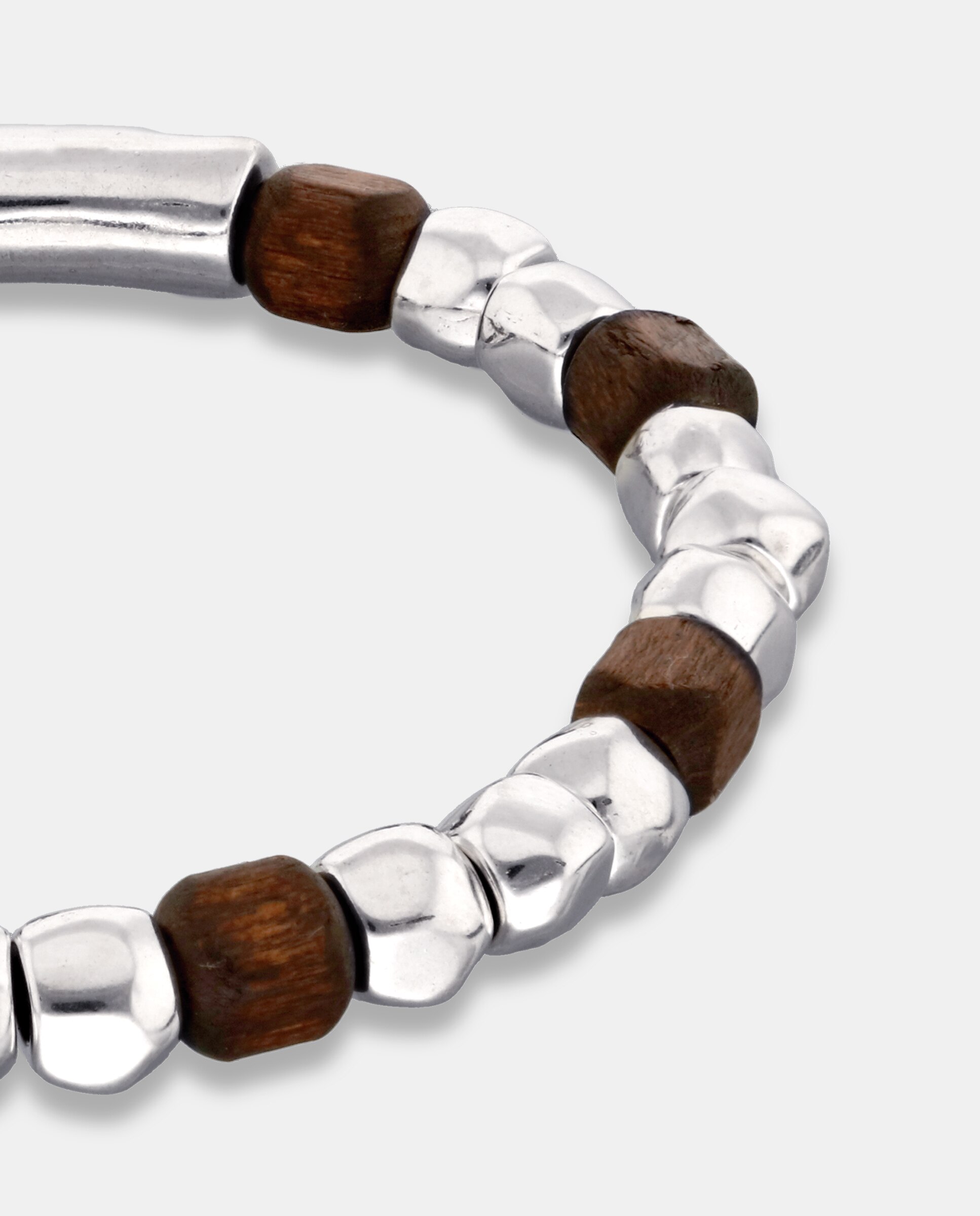 Pulseira Elástica de Contas Banhada em Prata de Lei e Contas em Madeira Prata-4