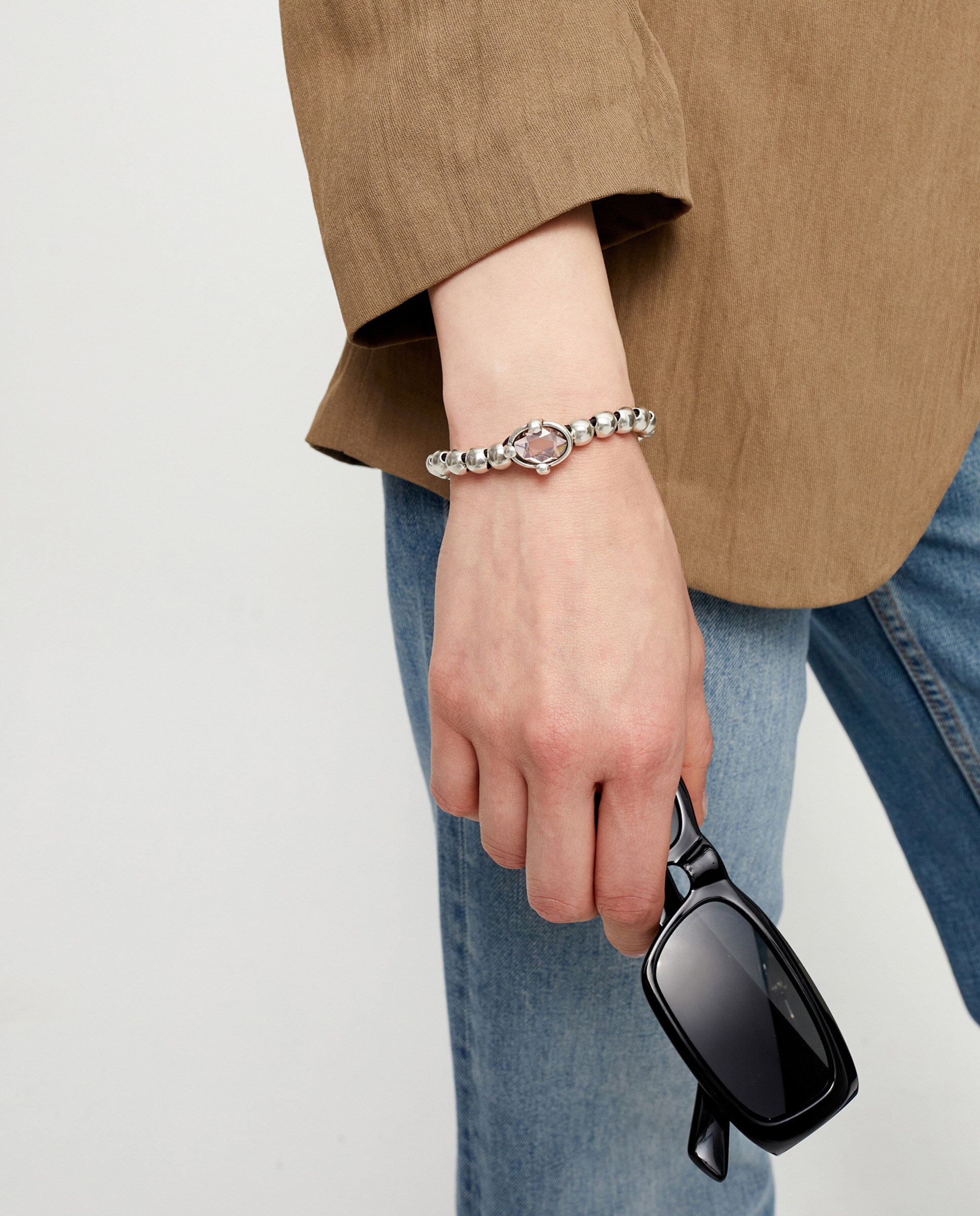 Pulseira Elástica de Bolas Banhada em Prata com Cristal Facetado Prata-5