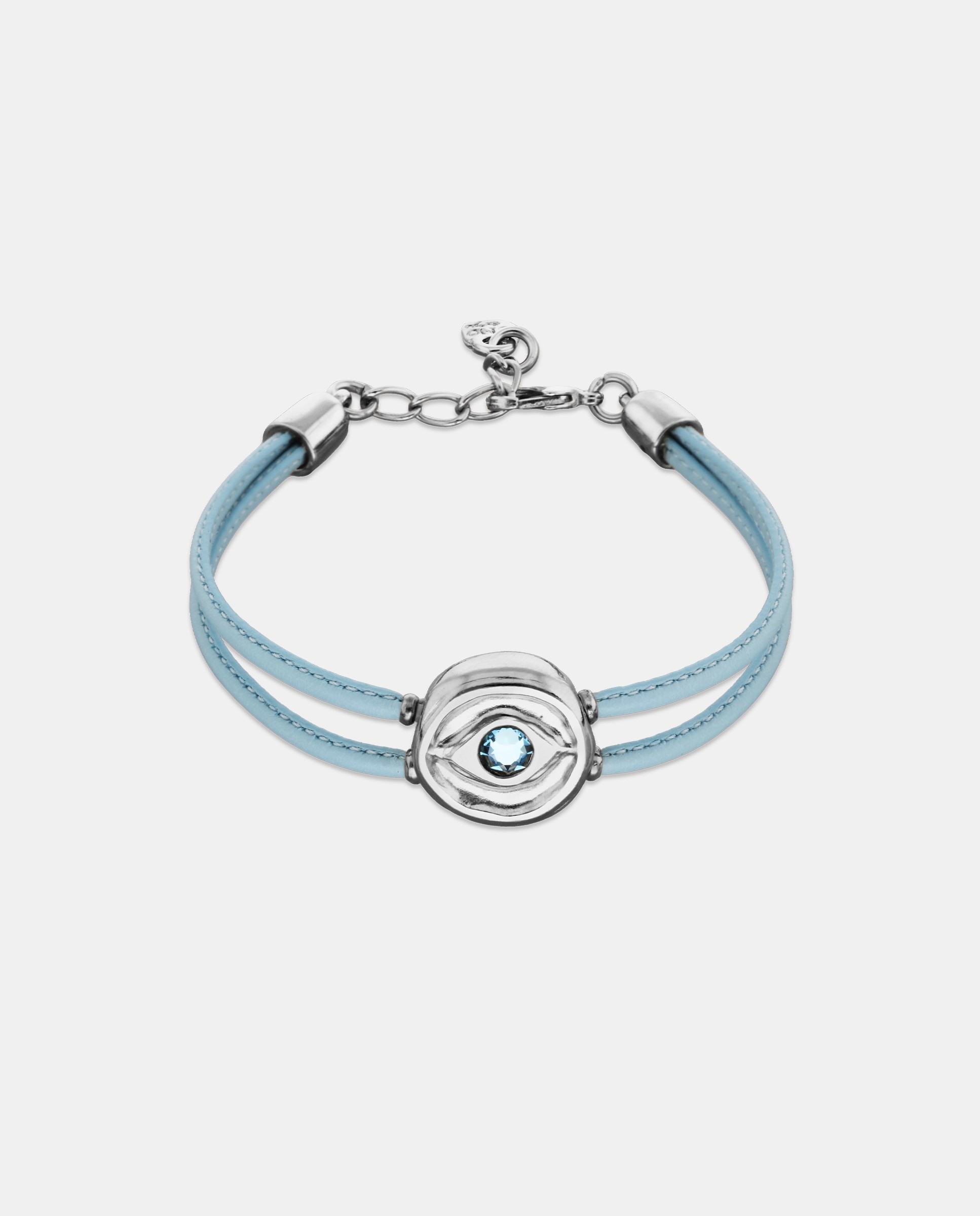 Pulseira de Couro Duplo Claro com Detalhe de Olho Banhado em Prata e Cristal Prata-1