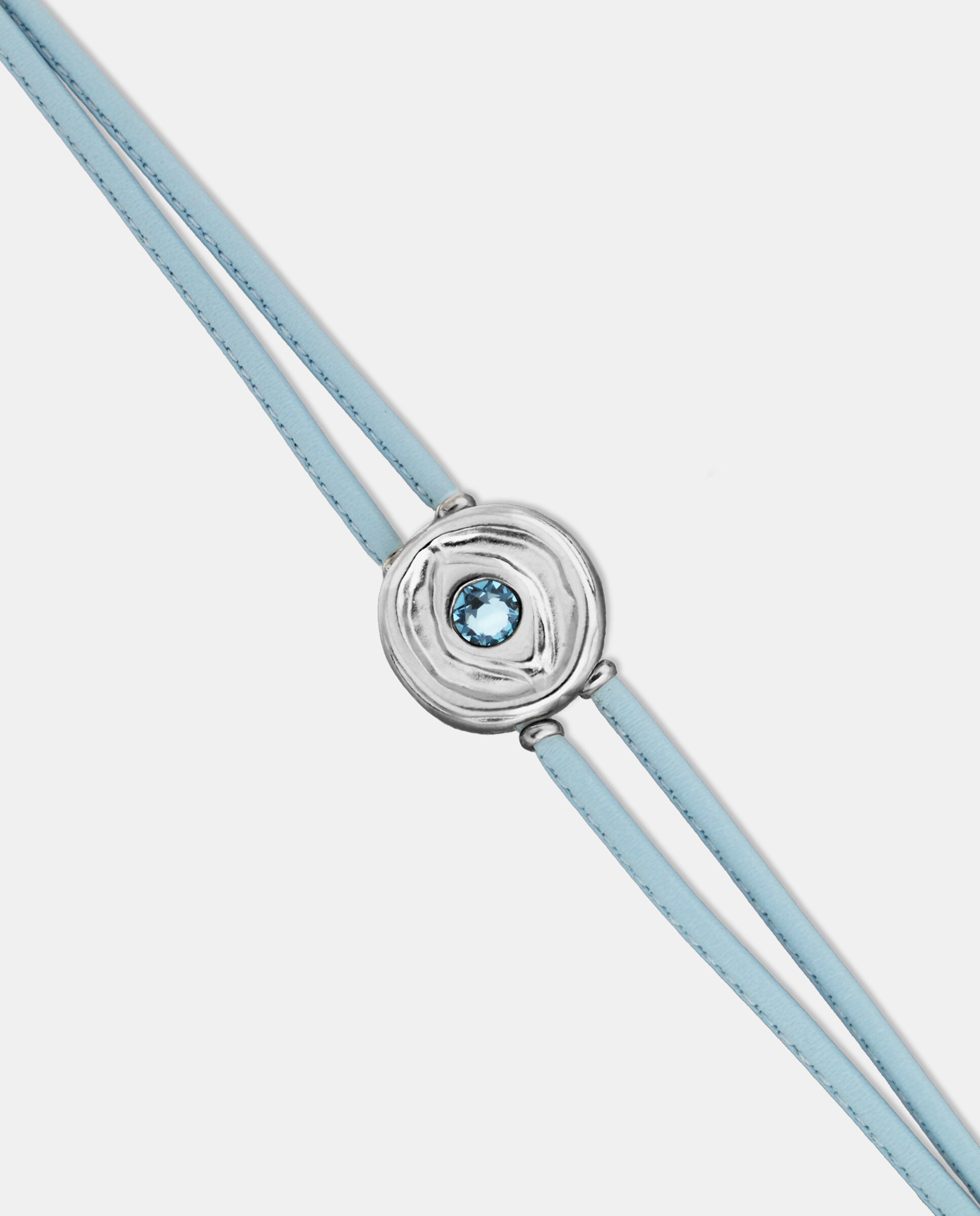 Pulseira de Couro Duplo Claro com Detalhe de Olho Banhado em Prata e Cristal Prata-4