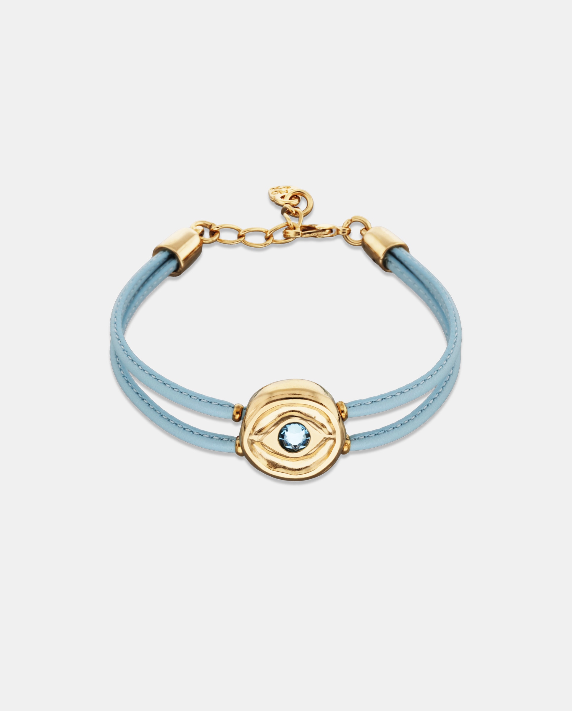 Pulseira de Couro Duplo Claro com Detalhe de Olho Banhado em Ouro 18k e Cristal Ouro-1