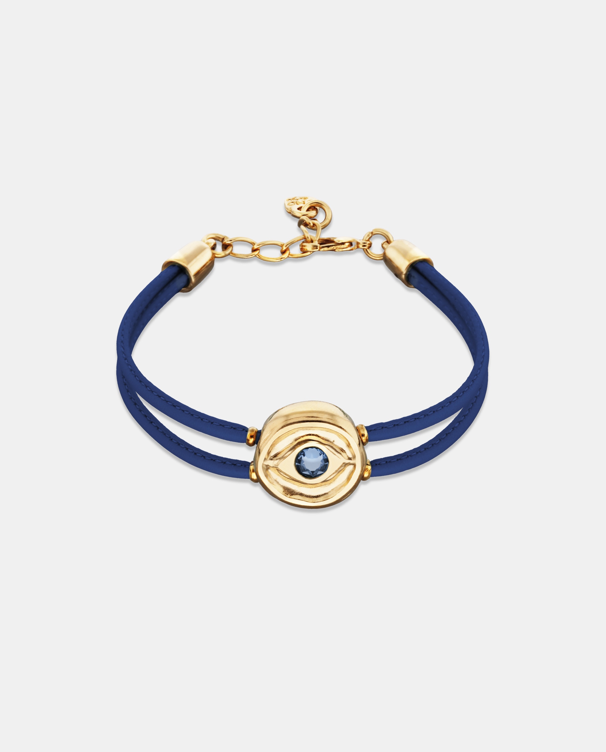 Pulseira de Couro Duplo Escuro com Detalhe de Olho Banhado em Ouro 18k e Cristal Ouro-1