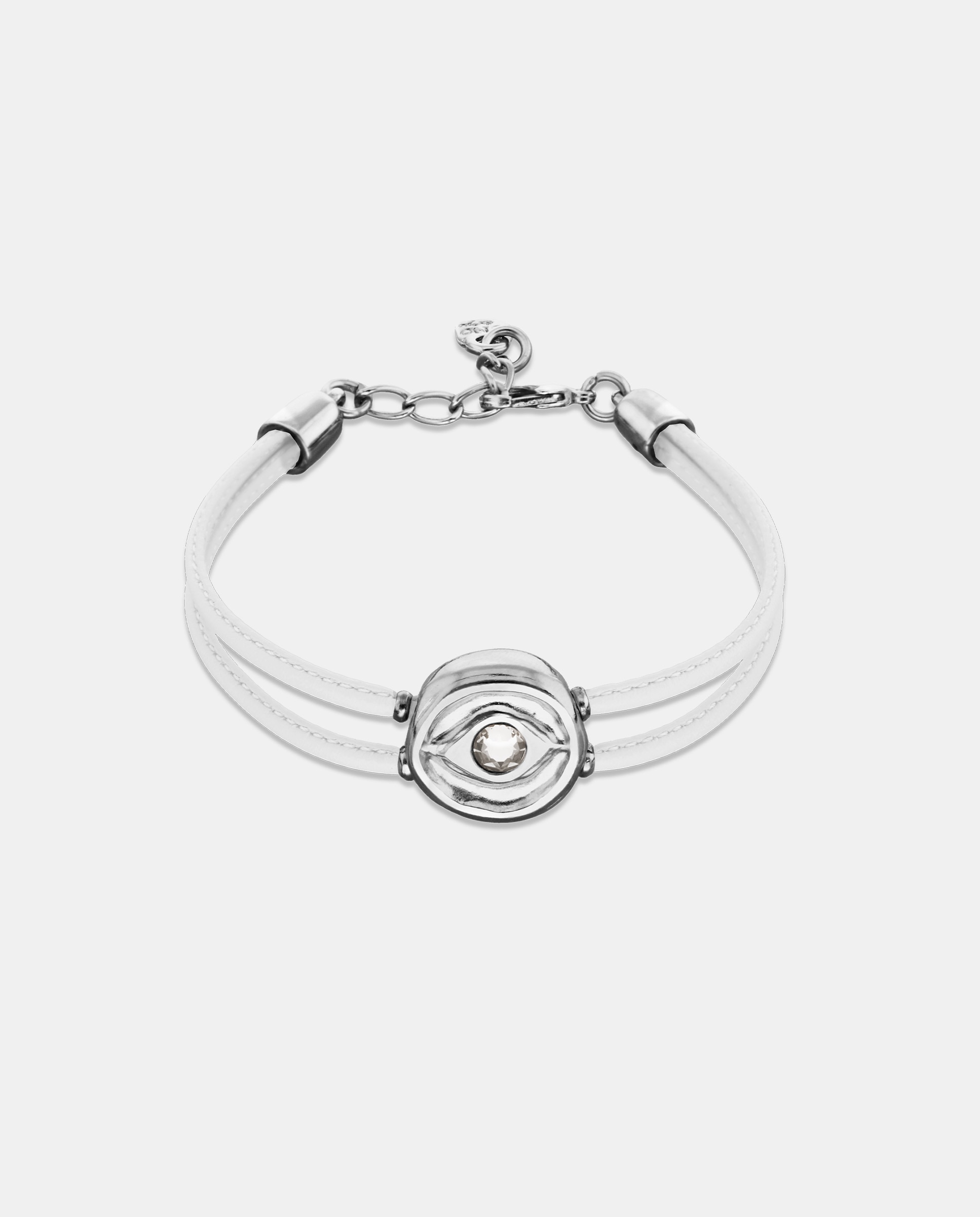 Pulseira de Couro Duplo com Detalhe de Olho Banhado a Prata e Cristal Prata-1
