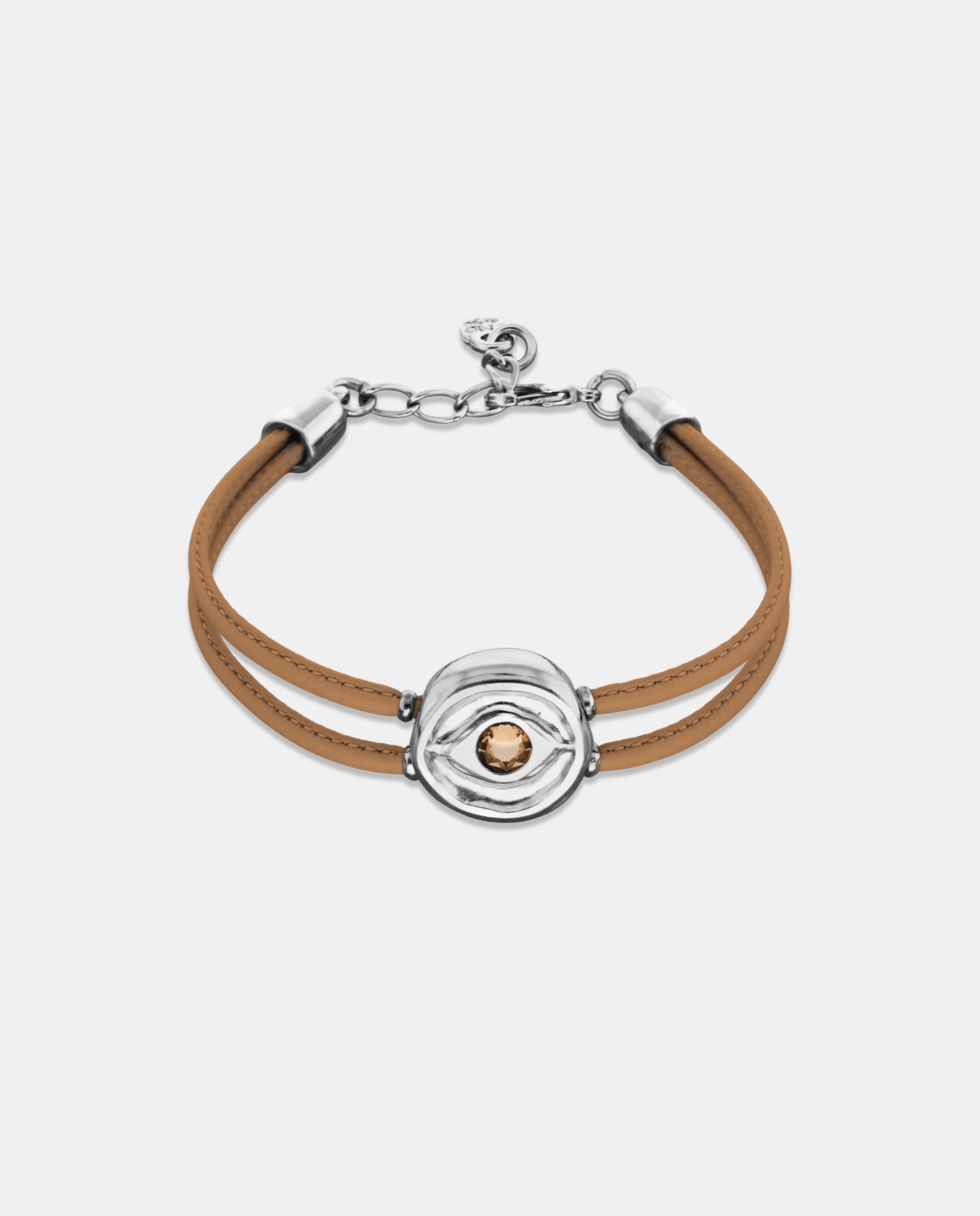 Pulseira de Couro Duplo com Detalhe de Olho Banhado a Prata e Cristal Prata-1