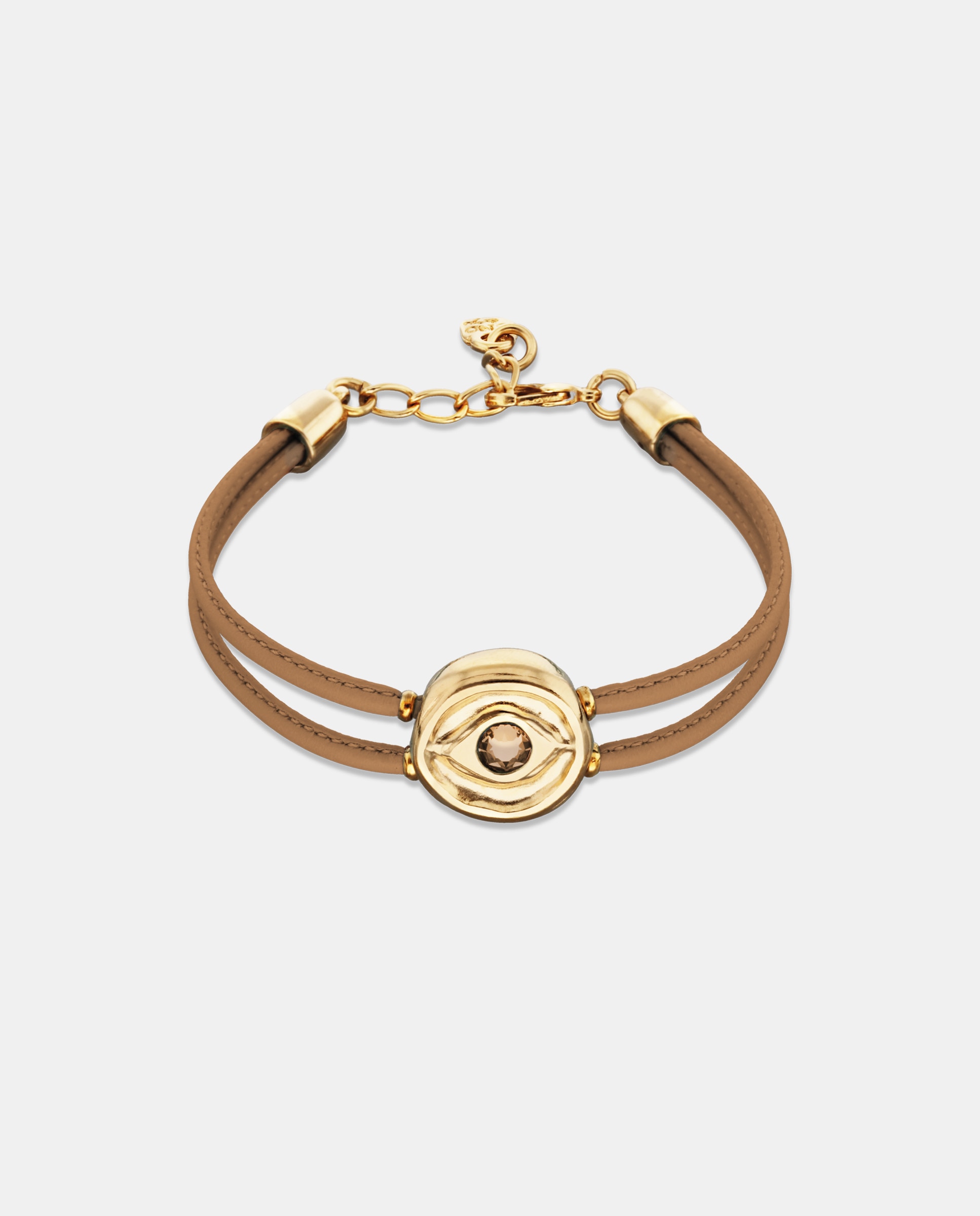 Pulseira de Couro Duplo com Detalhe de Olho Banhado a Ouro 18k e Cristal Ouro-1