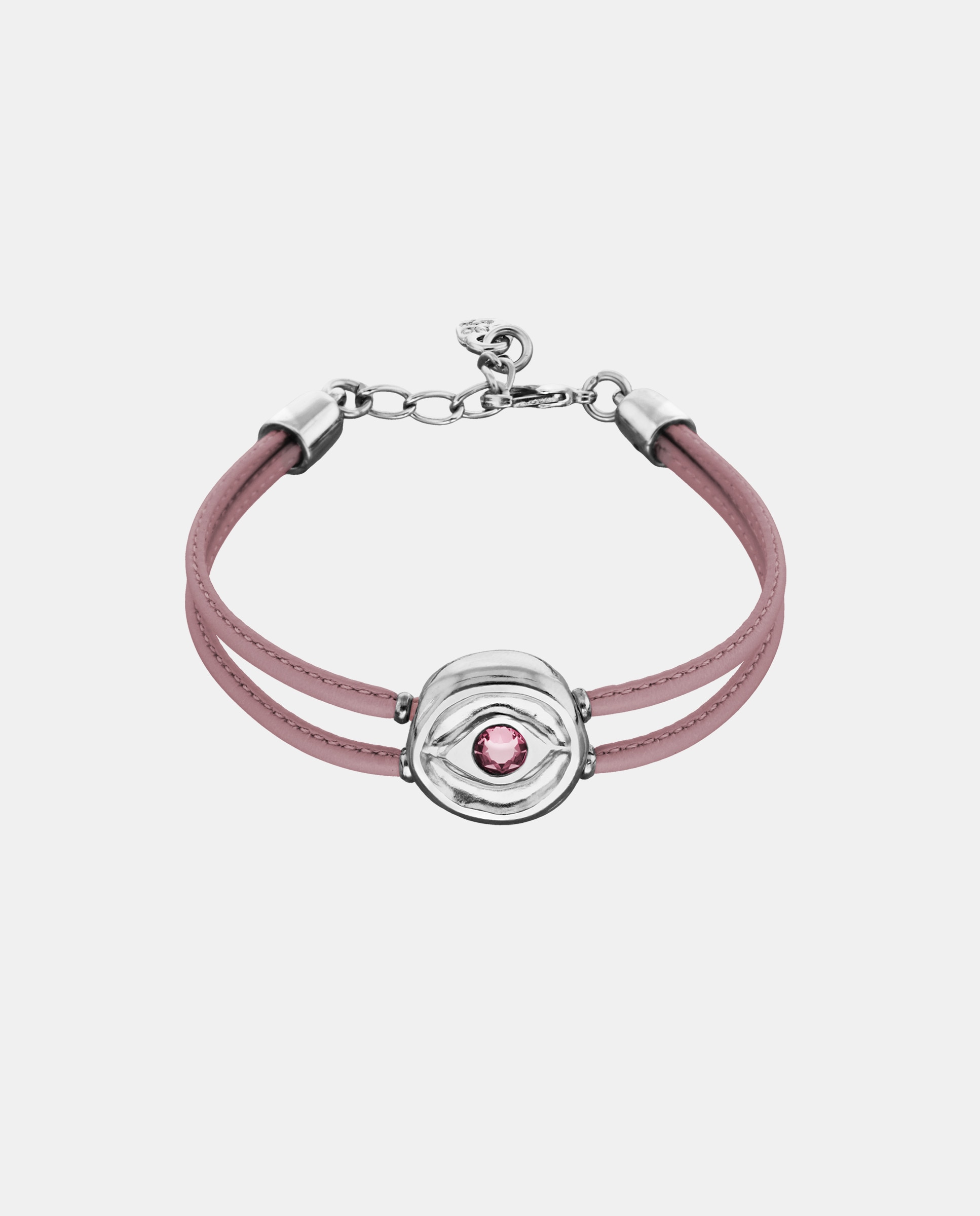Pulseira de Couro Duplo Lilás com Detalhe de Olho Banhado em Prata e Cristal Prata-1