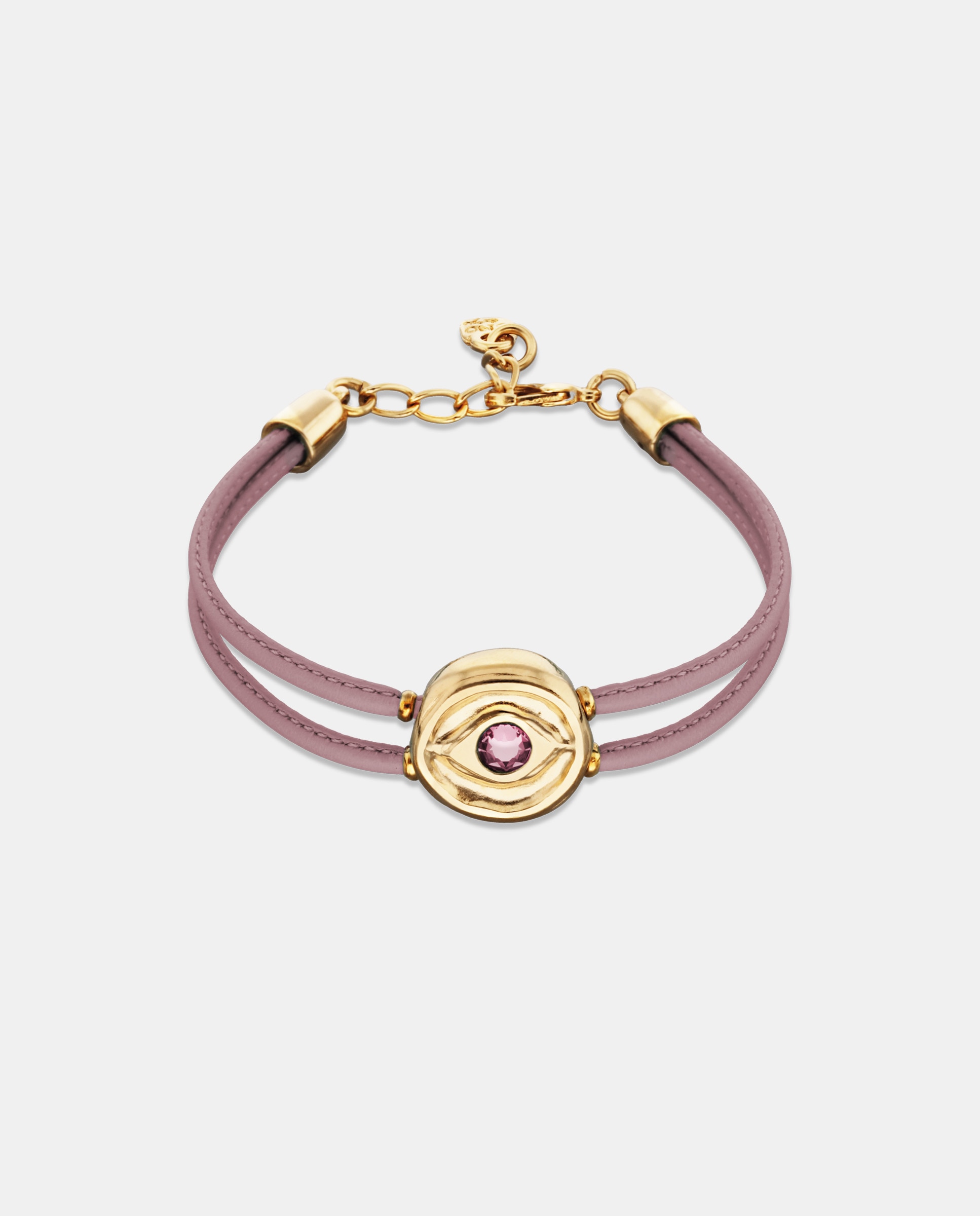 Pulseira de Couro Duplo Lilás com Detalhe de Olho Banhado a Ouro 18k e Cristal Ouro-1