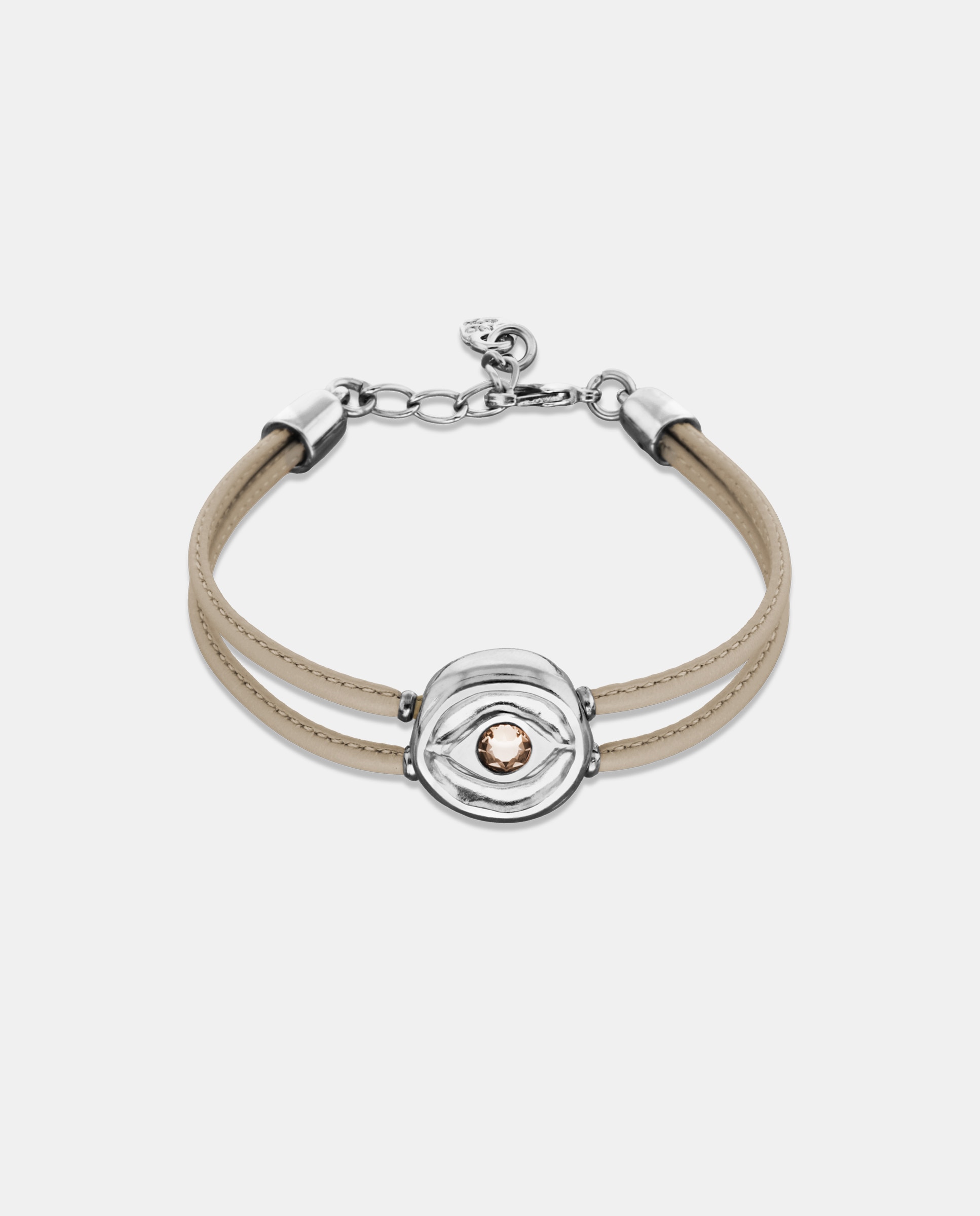 Pulseira de Couro Duplo Marfim com Detalhe de Olho Banhado em Prata e Cristal Prata-1