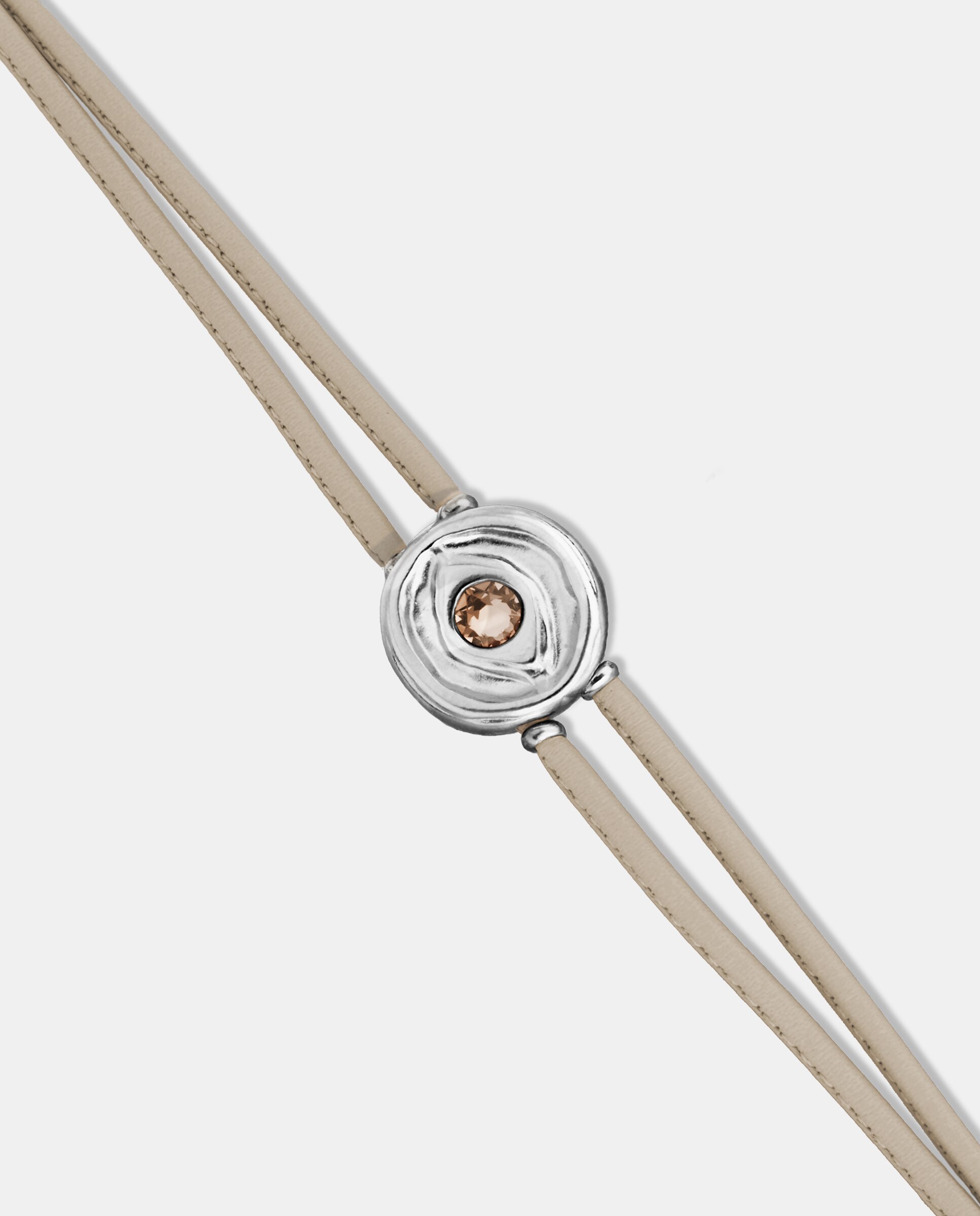 Pulseira de Couro Duplo Marfim com Detalhe de Olho Banhado em Prata e Cristal Prata-3