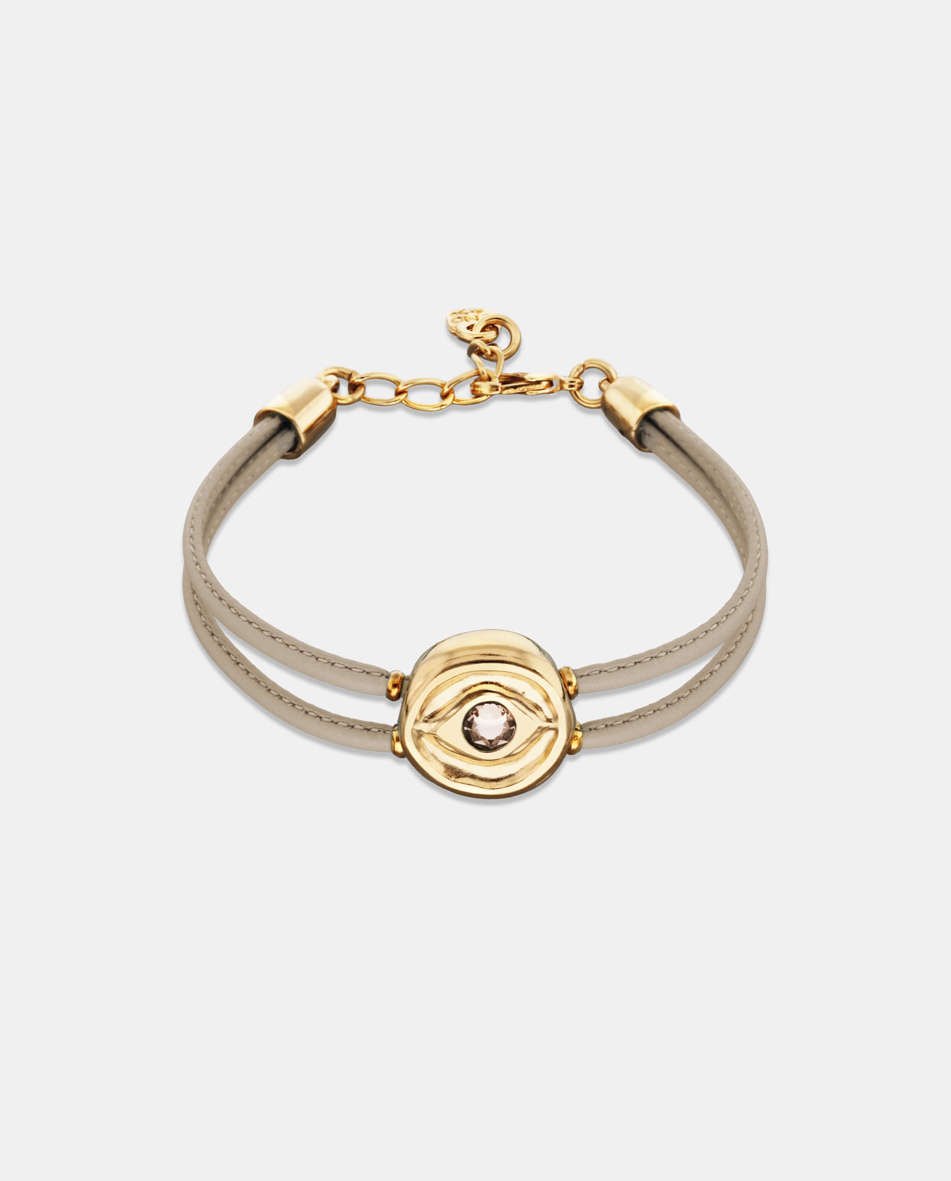 Pulseira de Couro Duplo Marfim com Detalhe de Olho Banhado a Ouro 18k e Cristal Ouro-1
