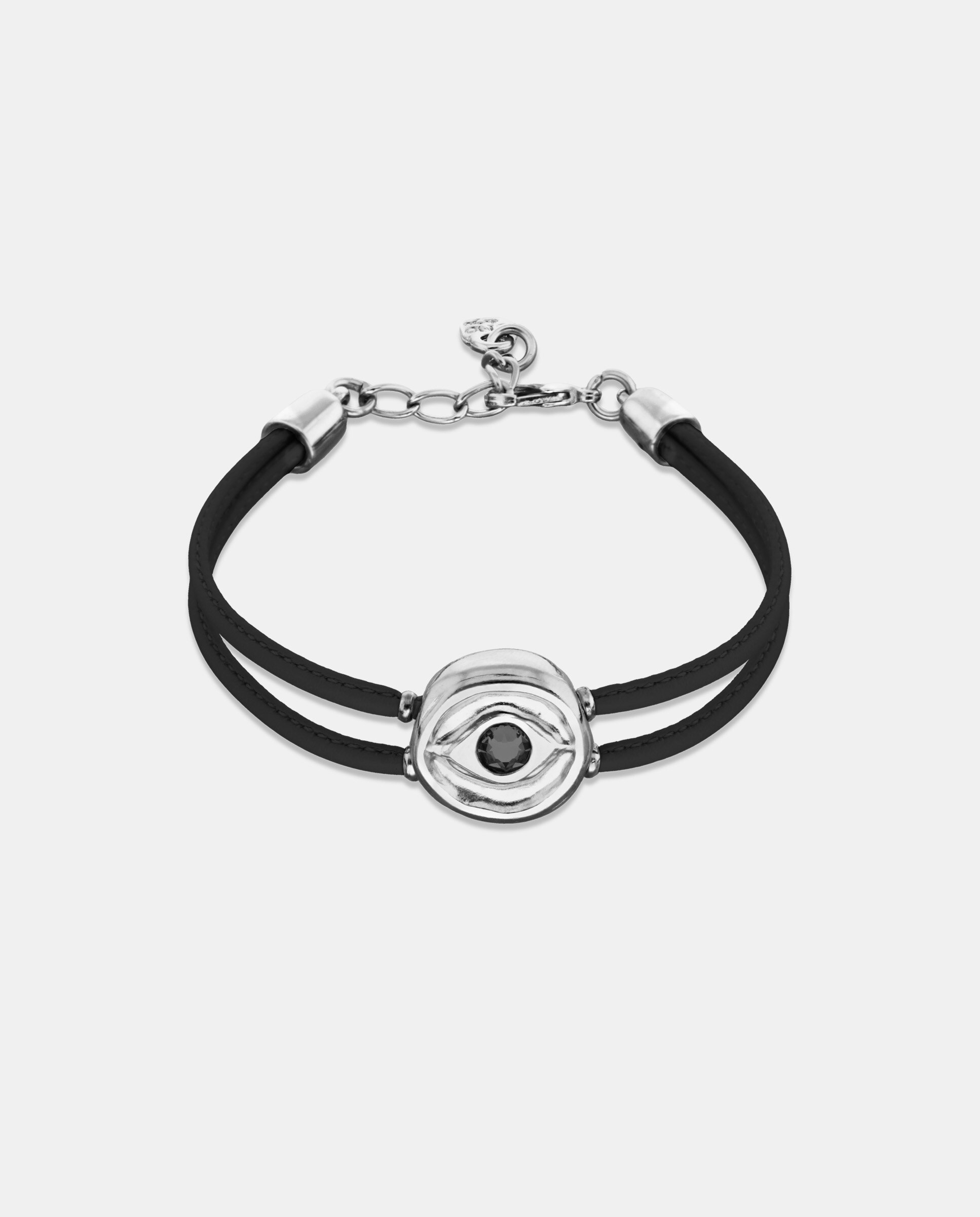Pulseira de Couro Duplo com Detalhe de Olho Banhado a Prata e Cristal Prata-1
