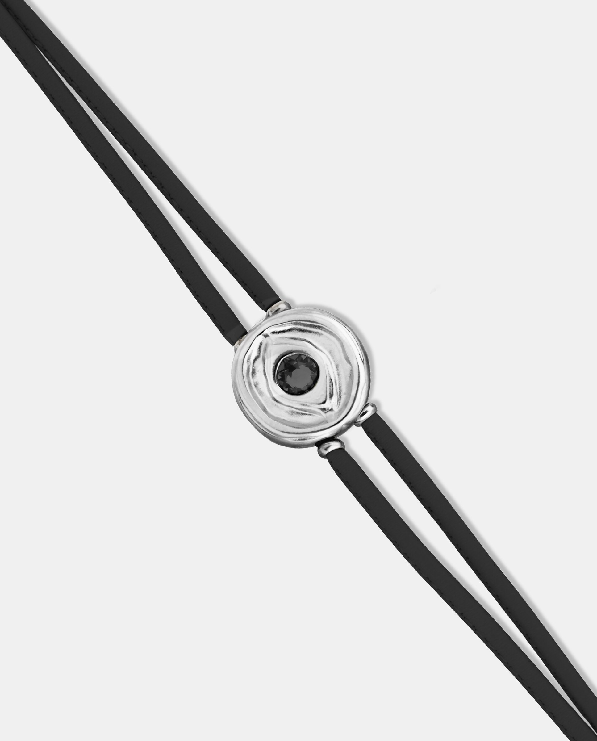 Pulseira de Couro Duplo com Detalhe de Olho Banhado a Prata e Cristal Prata-4