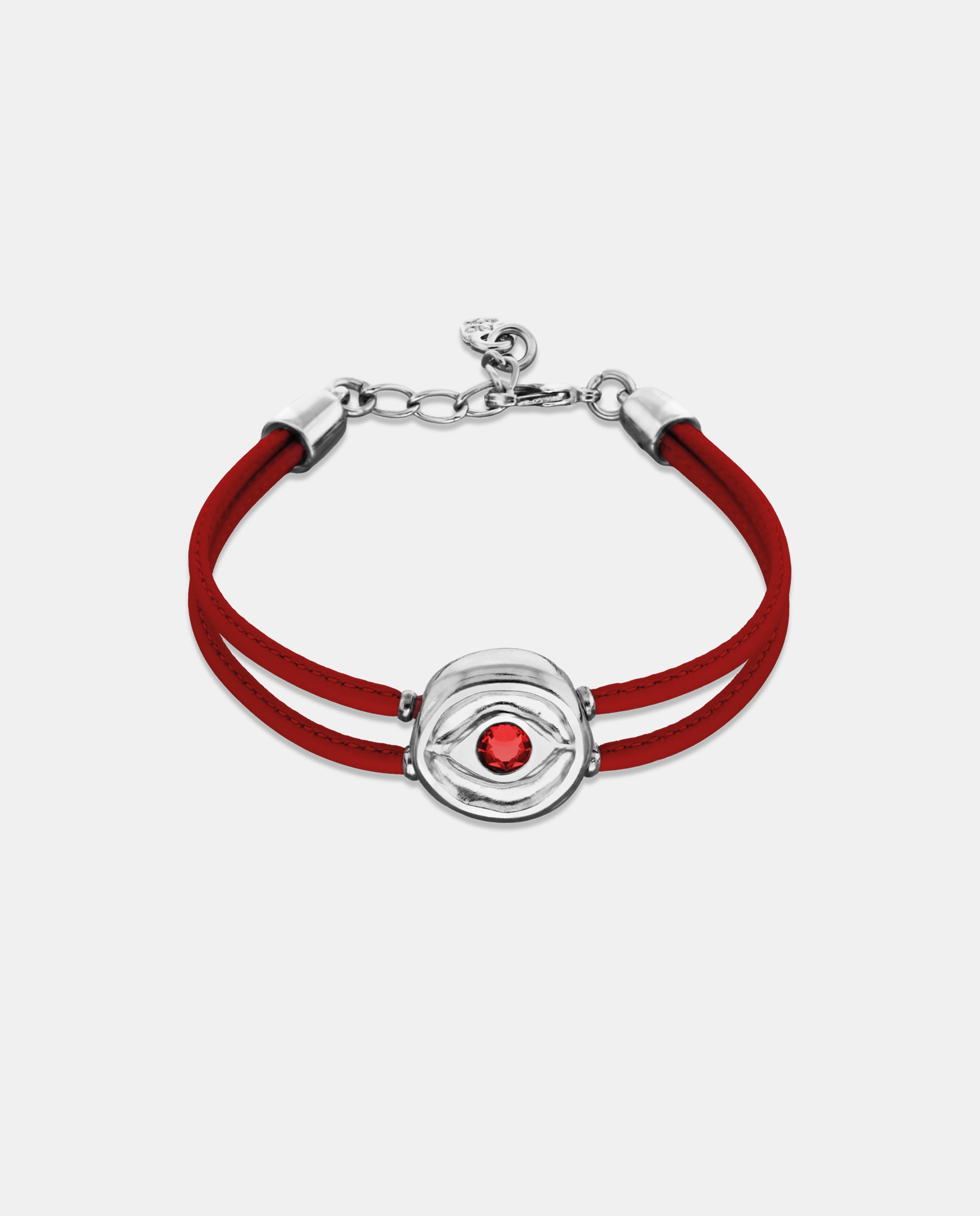 Pulseira de Couro Vermelha com Detalhe de Olho Banhado em Prata e Cristal Prata-1