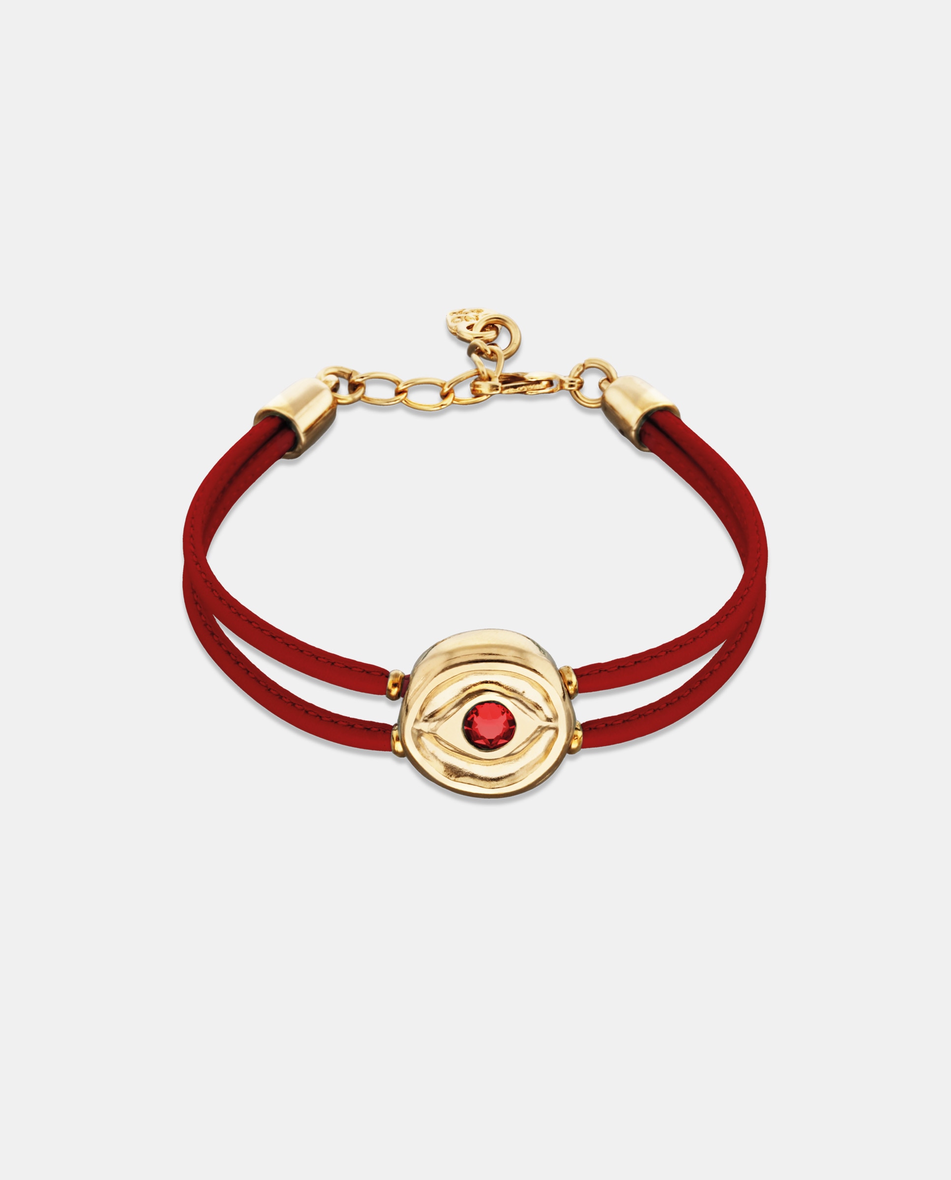 Pulseira de Couro Vermelha com Detalhe de Olho Banhado em Ouro 18k e Cristal Ouro-1