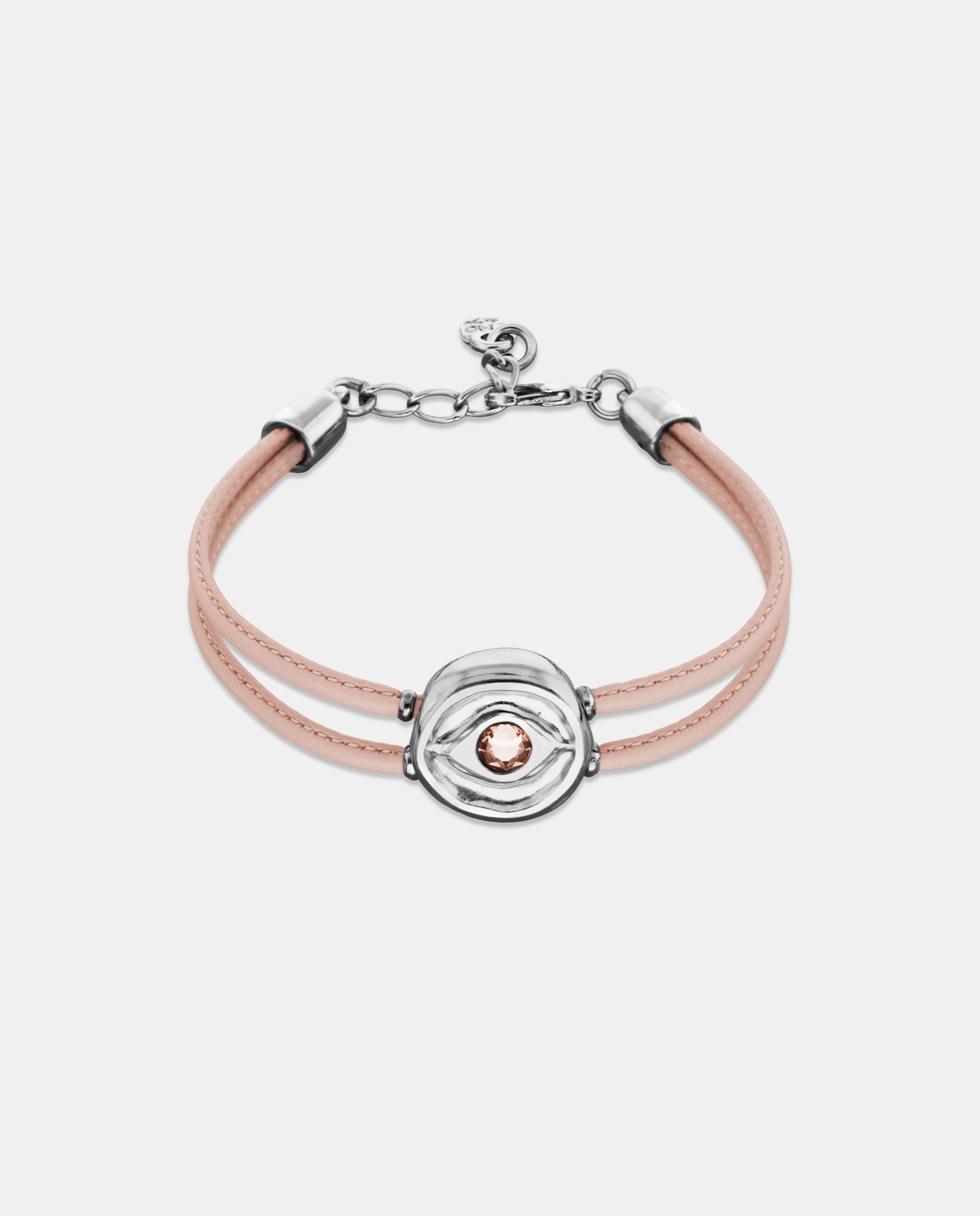 Pulseira de Couro Claro com Detalhe de Olho Banhado em Prata e Cristal Prata-1