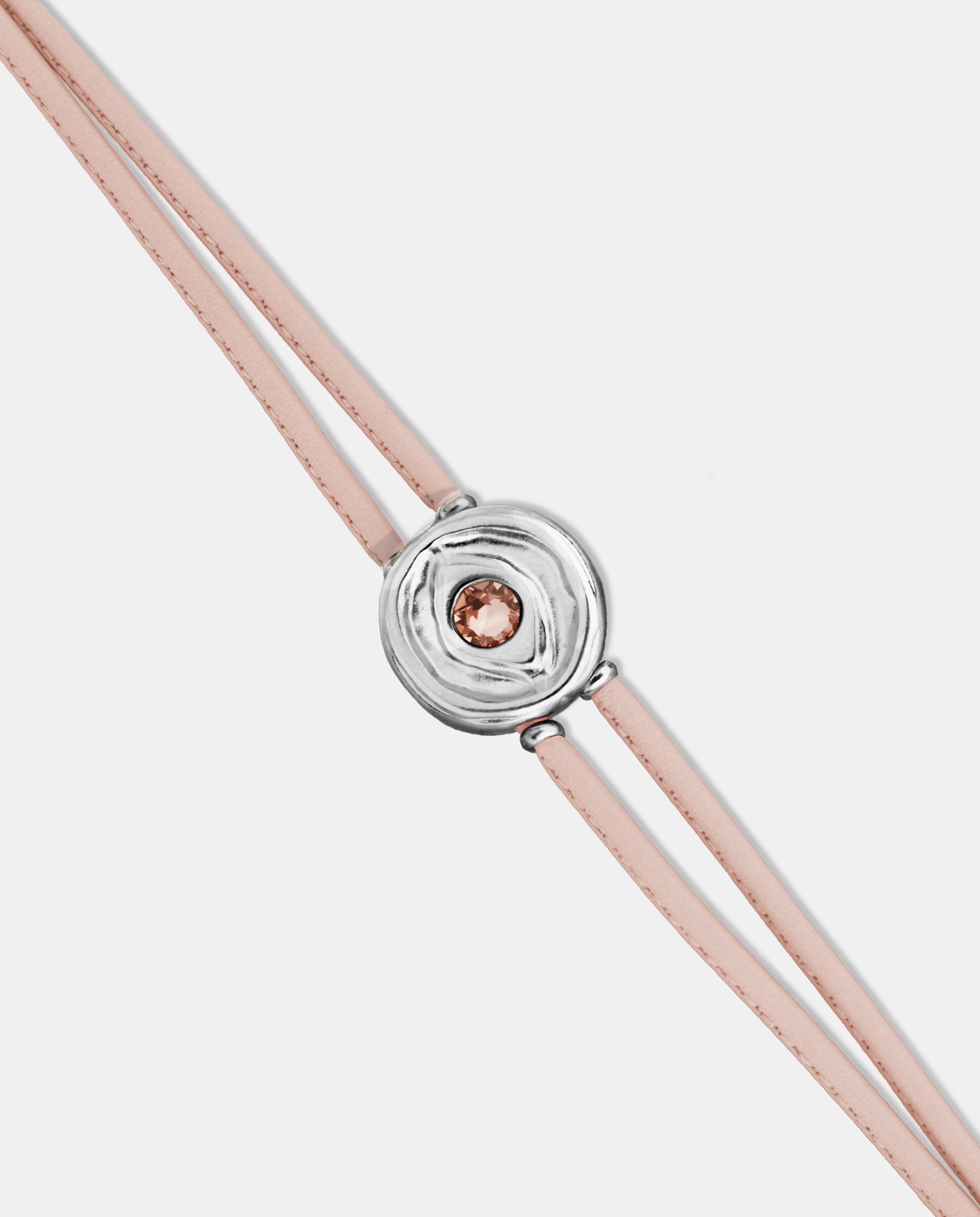 Pulseira de Couro Claro com Detalhe de Olho Banhado em Prata e Cristal Prata-4