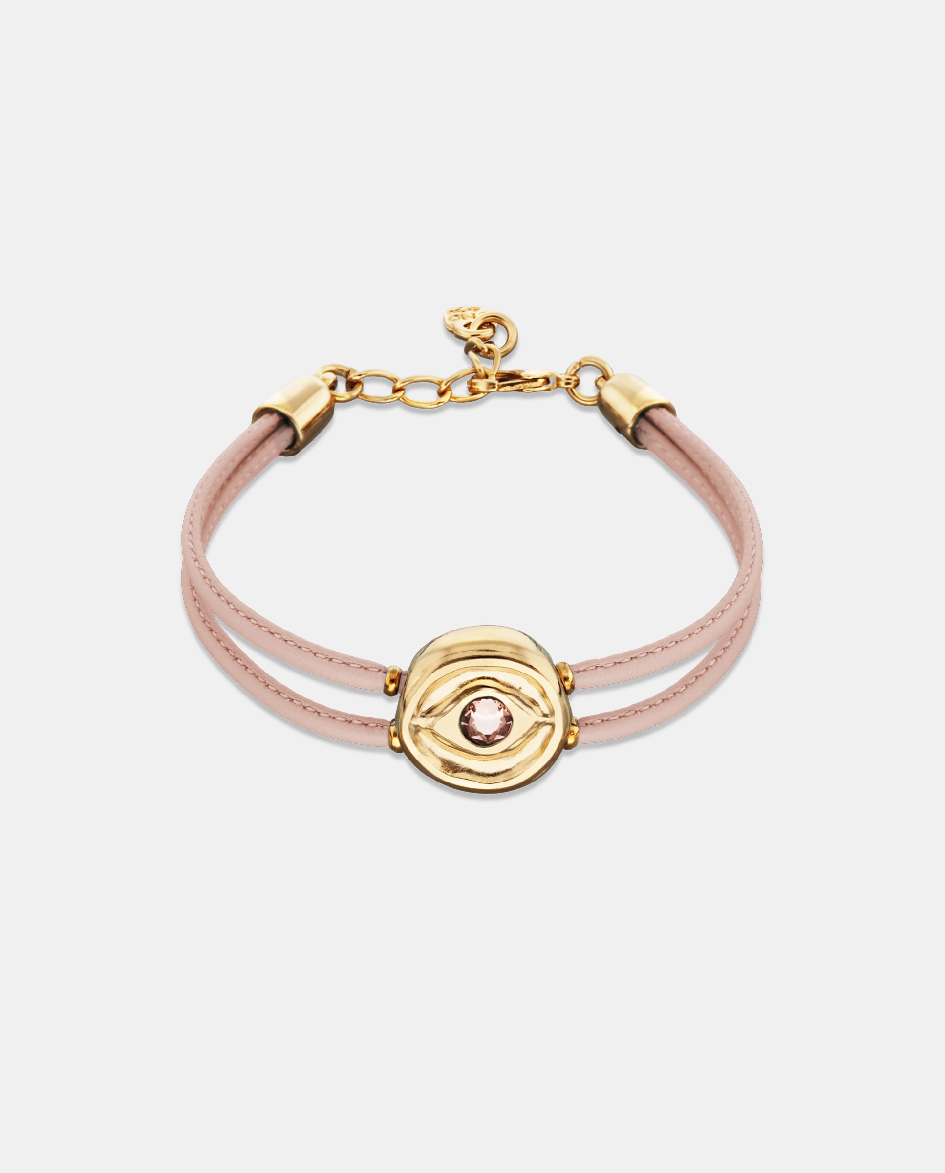 Pulseira de Couro Claro com Detalhe de Olho Banhado a Ouro 18k e Cristal Ouro-1