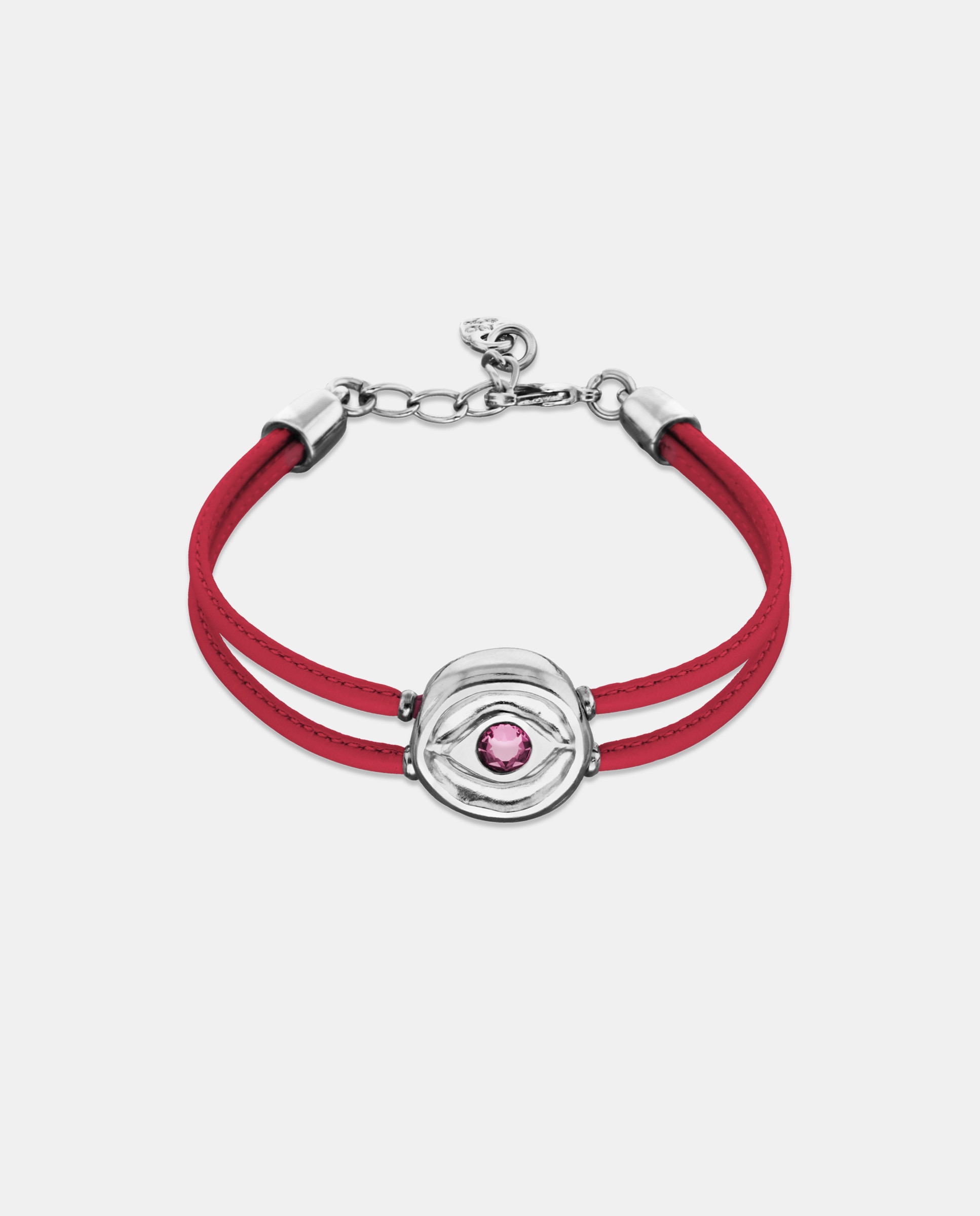 Pulseira de Couro Escuro com Detalhe de Olho Banhado em Prata e Cristal Prata-1