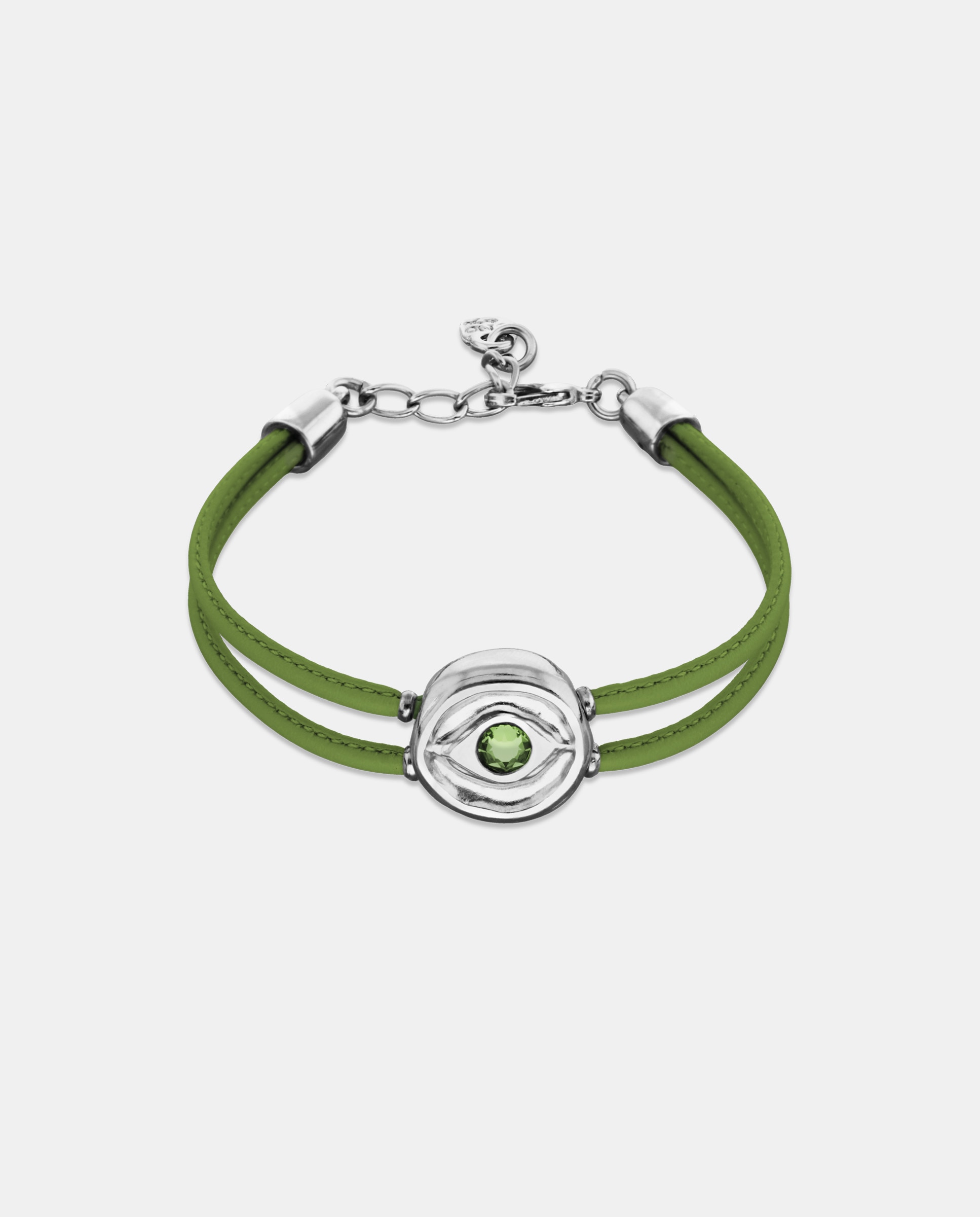 Pulseira de Couro Duplo com Detalhe de Olho em Prata e Cristal Prata-1