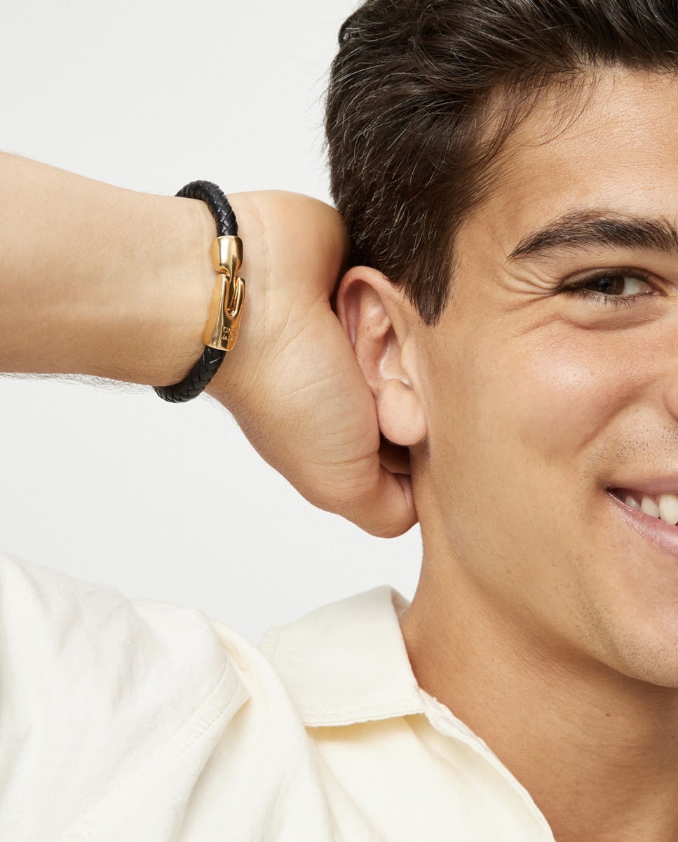 Pulseira de Couro Entrançado em Preto com Fecho em Ouro 18k Ouro-4